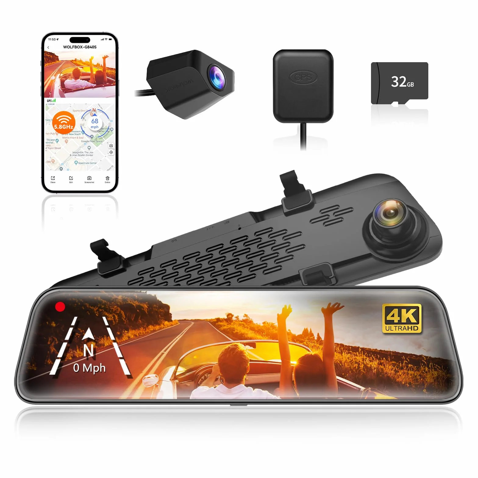 WOLFBOX 12" G840S 4K Dash Cam Specchietto con 5.8GHz WiFi, Dashcam Retrovisore Telecamera per Auto con Anteriore 170° e Posteriore 140°, Parcheggio Assistito, Sensore G(Con Scheda da 32 GB & GPS)