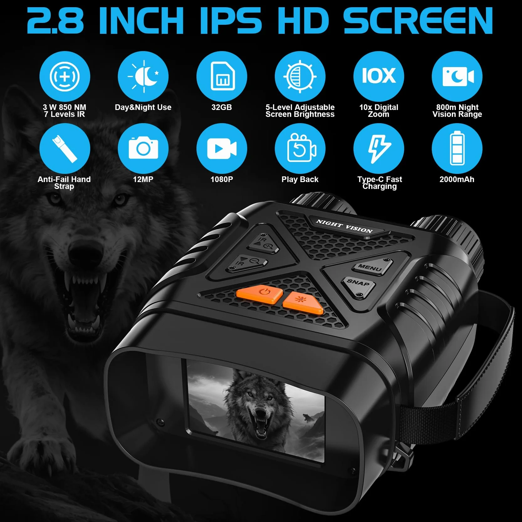 Visore Notturna, 2.8"HD Display, 10X Digitale Zoom 7-Livelli Infrarossi, 800M Visione con Batteria Ricaricabile da 2000mAh, Con per la Caccia, Birdwatching, Campeggio