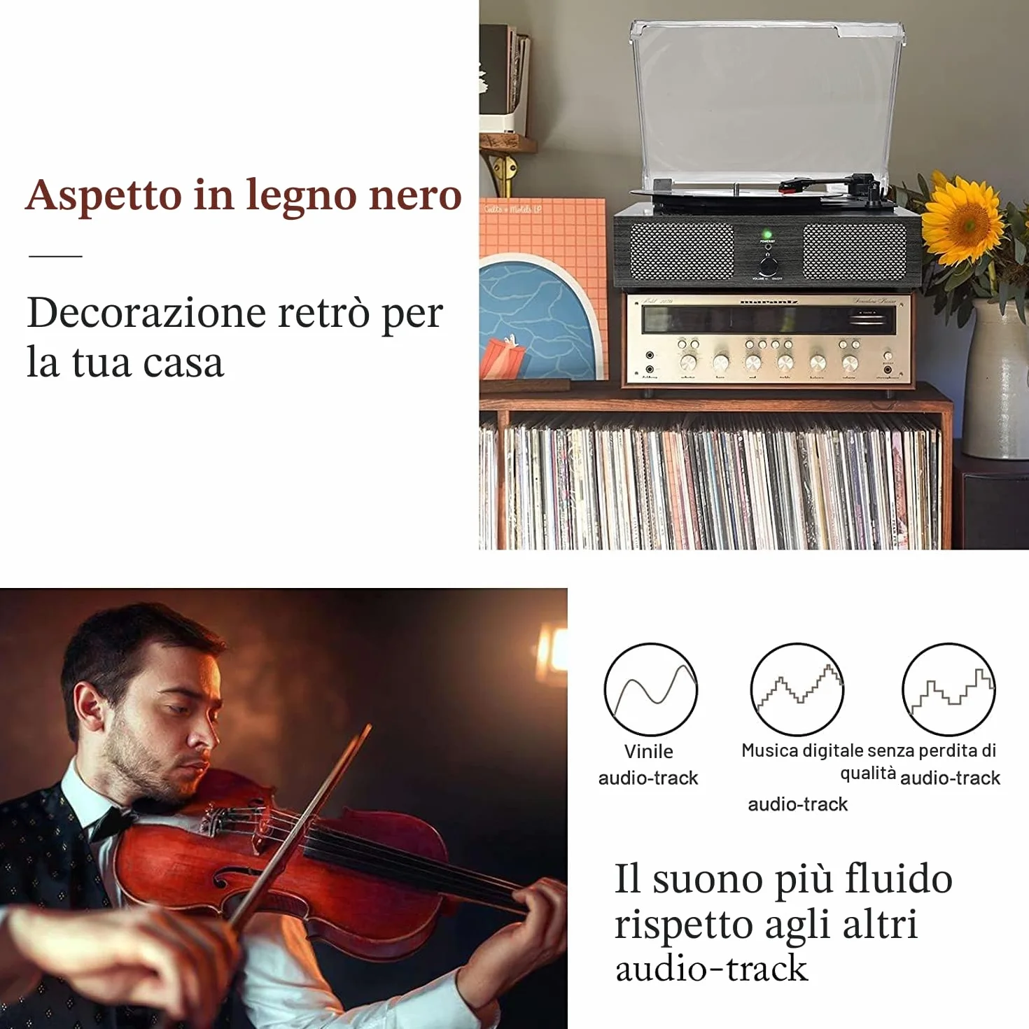Udreamer Giradischi Bluetooth con Altoparlanti Integrati, Trasmissione a Cinghia, 3 Velocità, Legno Nero