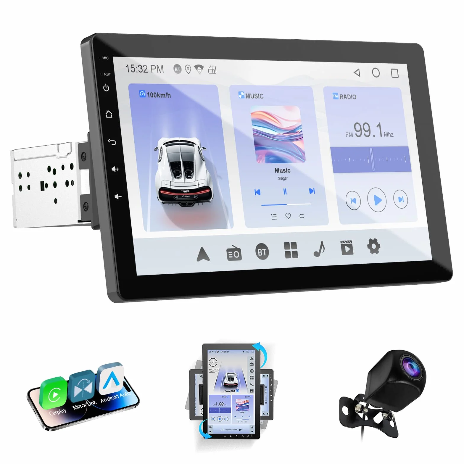 Haudio Autoradio Girevole a 360°, Stereo Bluetooth 1 DIN Carplay Wireless e Android Auto, Touchscreen IPS 10.1 Pollici Car Play con Mirror Link,Controllo vocale,RDS/FM/AM,Fotocamera Posteriore 720P