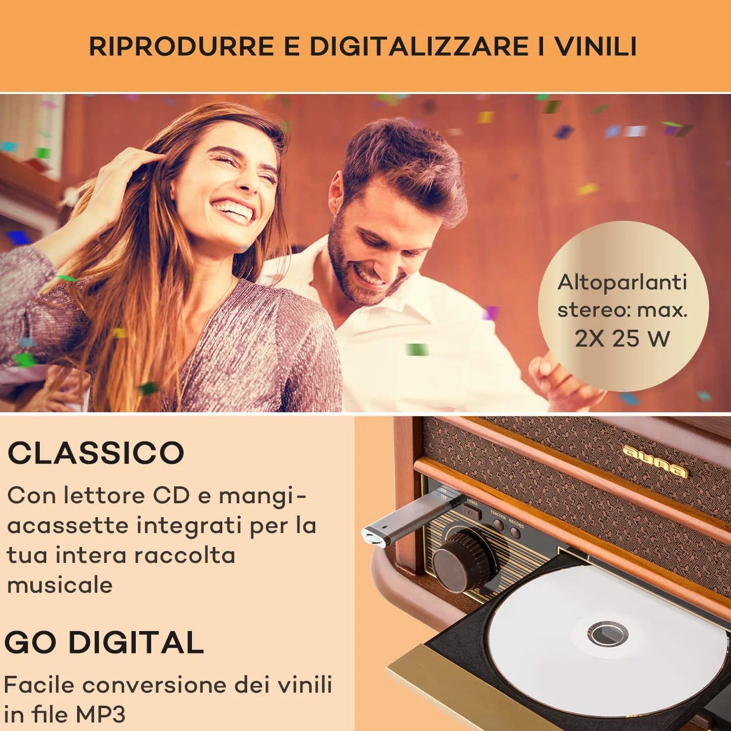 AUNA Belle Epoque 1908 Giradischi Vintage Radio Digitale DAB+ FM Bluetooth Lettore CD MP3 USB Marrone