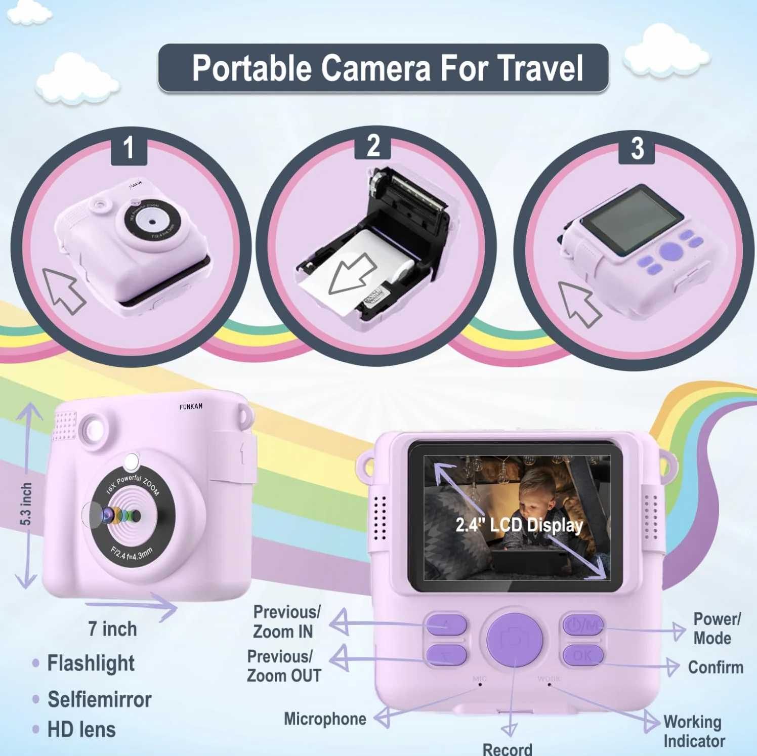 Macchina Fotografica Bambini Istantanea, 2,4" HD 1080P con scheda SD 32GB, 5 pennarelli, adesivi, 5 rotoli di carta, ciondolo. Fotocamera Bambini e ragazze dai 3 ai 14 anni. (Viola)