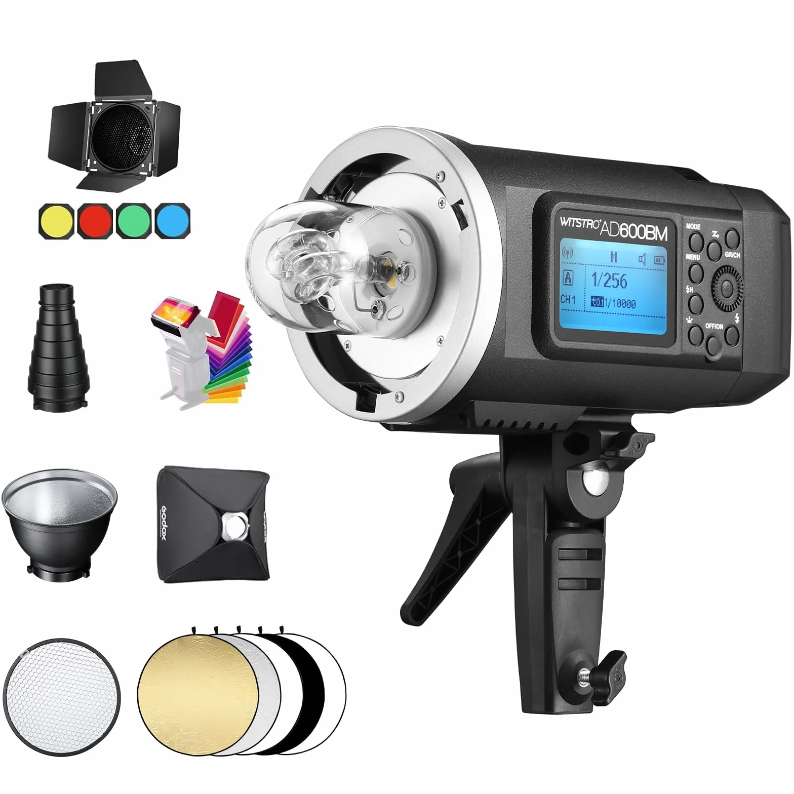 Godox AD600BM 600Ws GN87 HSS 1/8000s Outdoor Flash Strobe Studio Fotografico con Bowens Mount, batteria 8700mAh, sistema X 2.4G Wireless con Softbox 32 "x32", Riflettore Standard, Snoot, Barn Door Kit