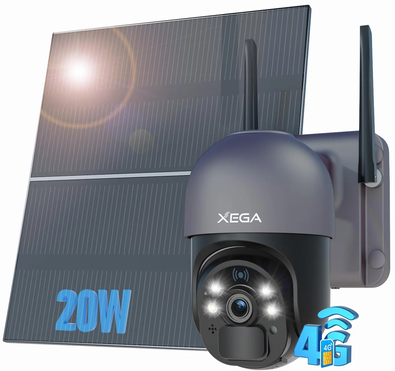 Xega Telecamera con SIM 4G da Esterno【20W Pannello Solare】 20.000mAh Batteria Registrazione Continua 24/7 2K 4G SIM Scheda Telecamere Senza Fili,Visione Notturna, Rilevamento del Movimento(Senza WiFi)