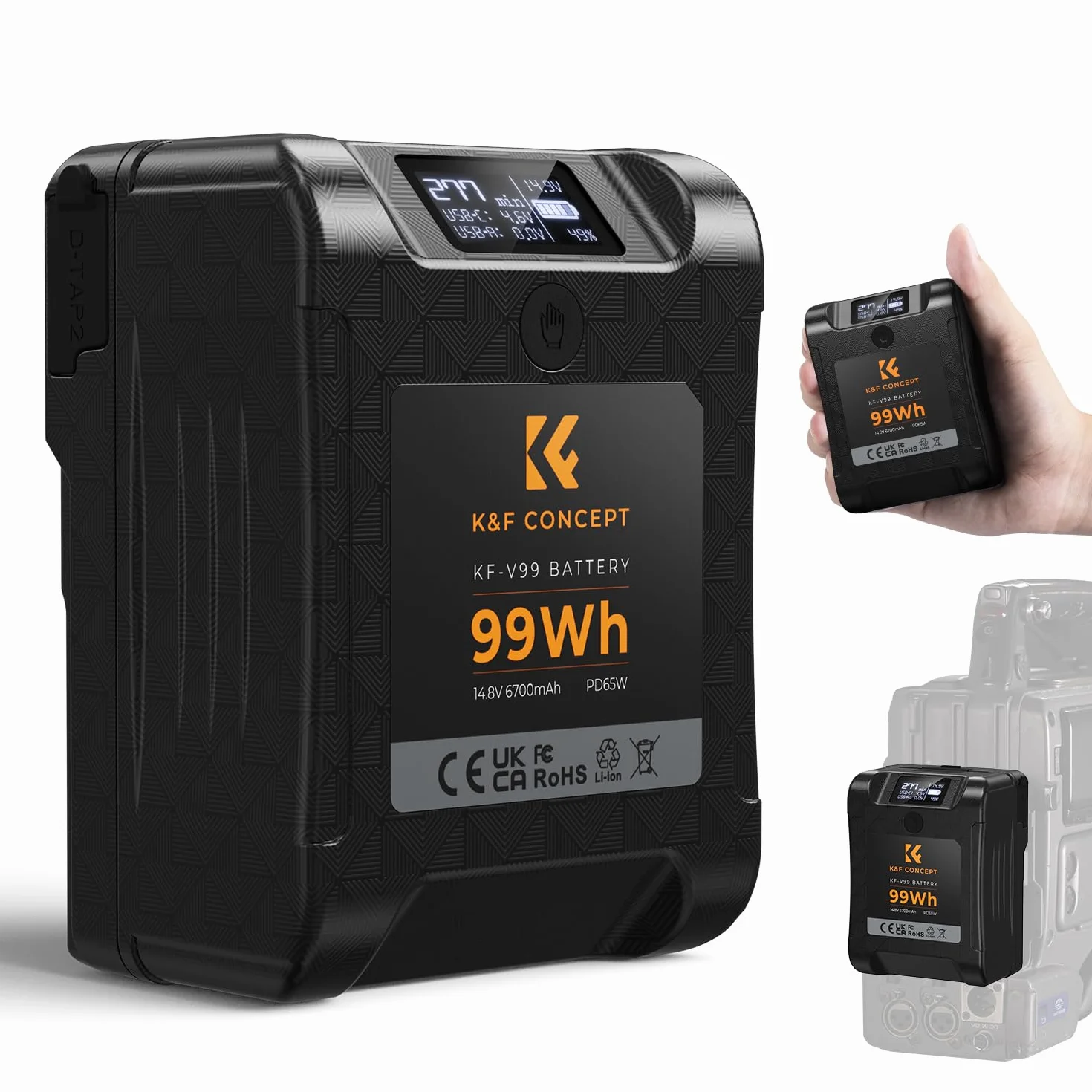 K&F CONCEPT V Mount Batteria 99 Wh/6700 mAh/14,8 V Coadiuvante 65W Carica Rapida PD Bidirezionale con D-TAP/USB-A/USB-C/BP,Schermo OLED, per Viaggio/Fotocamera/Smartphone