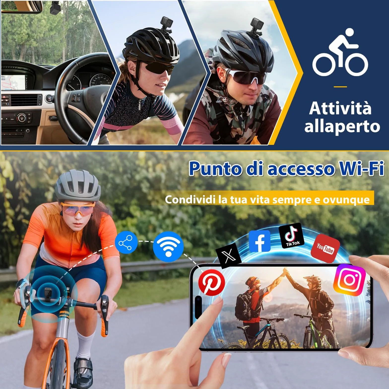 AIKER Dash Cam Moto Mini WiFi Action Cam IP66 1080PHD 120° Regolazione Automatica 64GB
