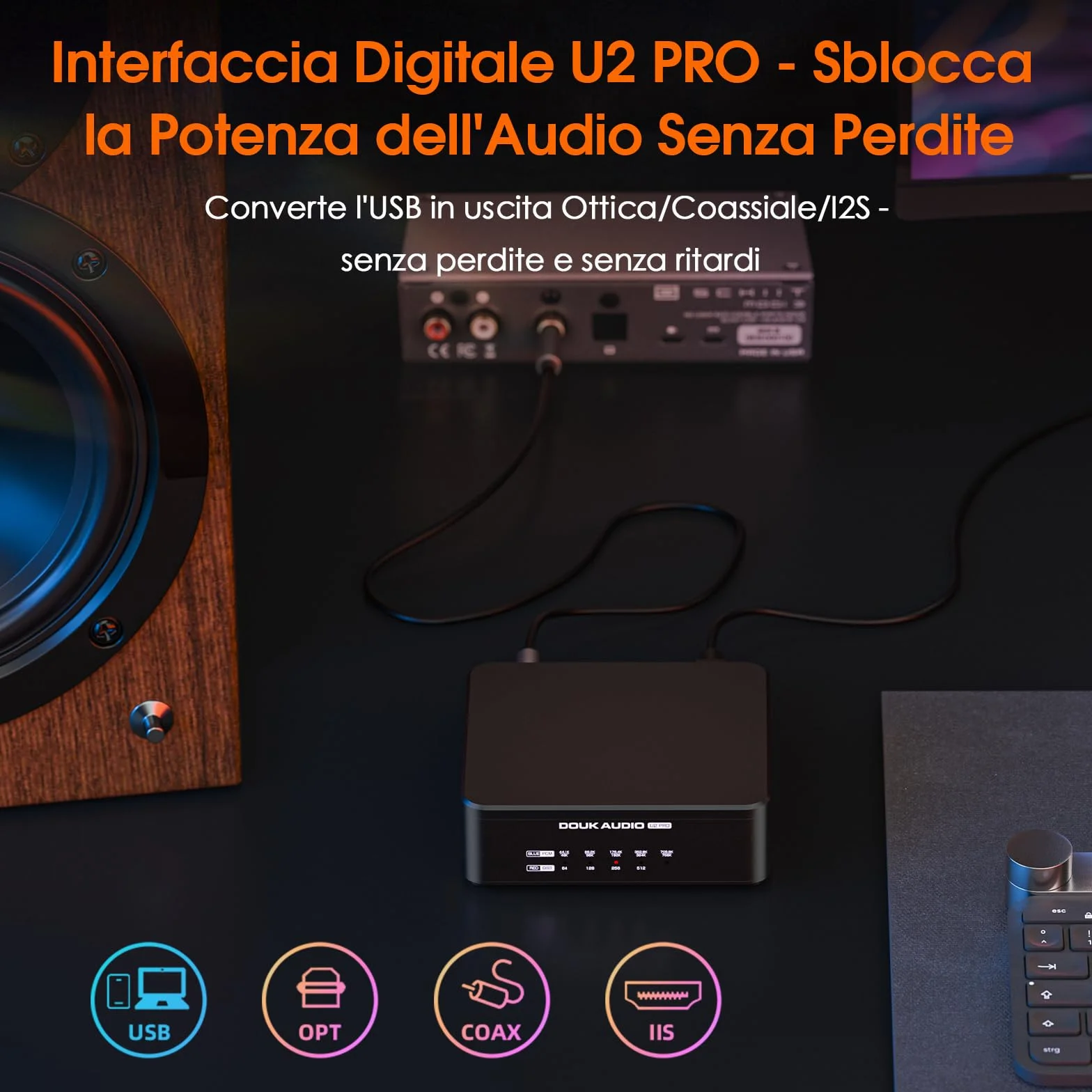 Douk Audio U2 PRO XMOS XU316 Interfaccia Digitale USB DDC USB-C a Ottico Coassiale HDMI IIS DSD512 PCM768kHz Convertitore Audio Digitale Analogico Portatile