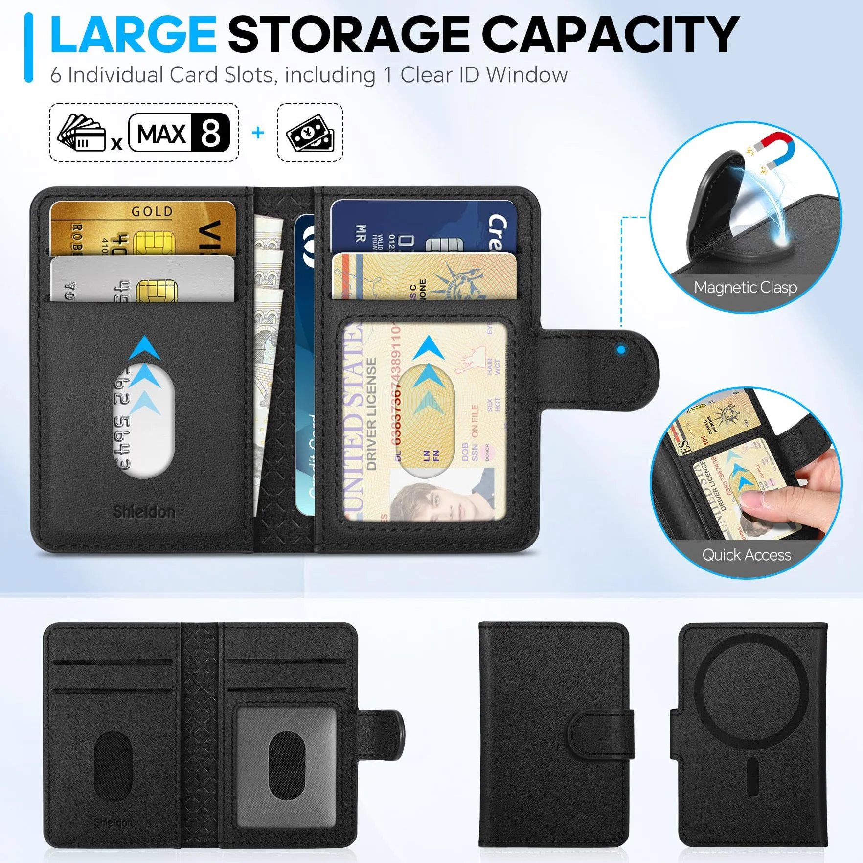 SHIELDON Porta Carte Adesivo Portafoglio Magnetico in Vera Pelle [Blocco RFID] [Slot per Carte] Porta-Carte Adesivi, Portafoglio Leather Phone Wallet per iPhone 16/15/14/13/12 – Nera