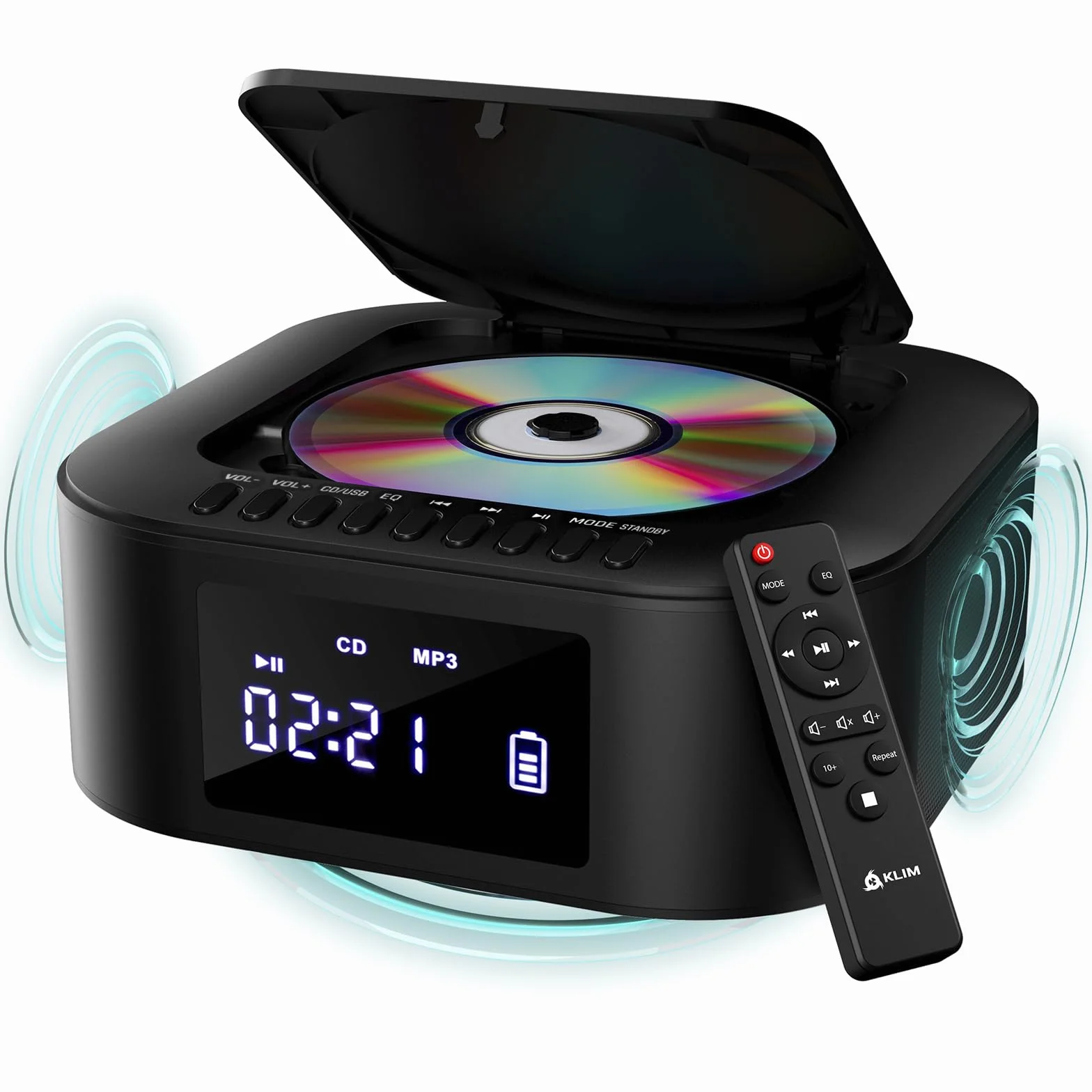 KLIM Lettore CD Stereo Boombox E1 - BASS Boost con Subwoofer - FM Radio con Lettore CD e USB, Bluetooth, AUX - Stereo casa - Filo o Wireless - Batteria ricaricabile, Telecomando - Nero/Argento