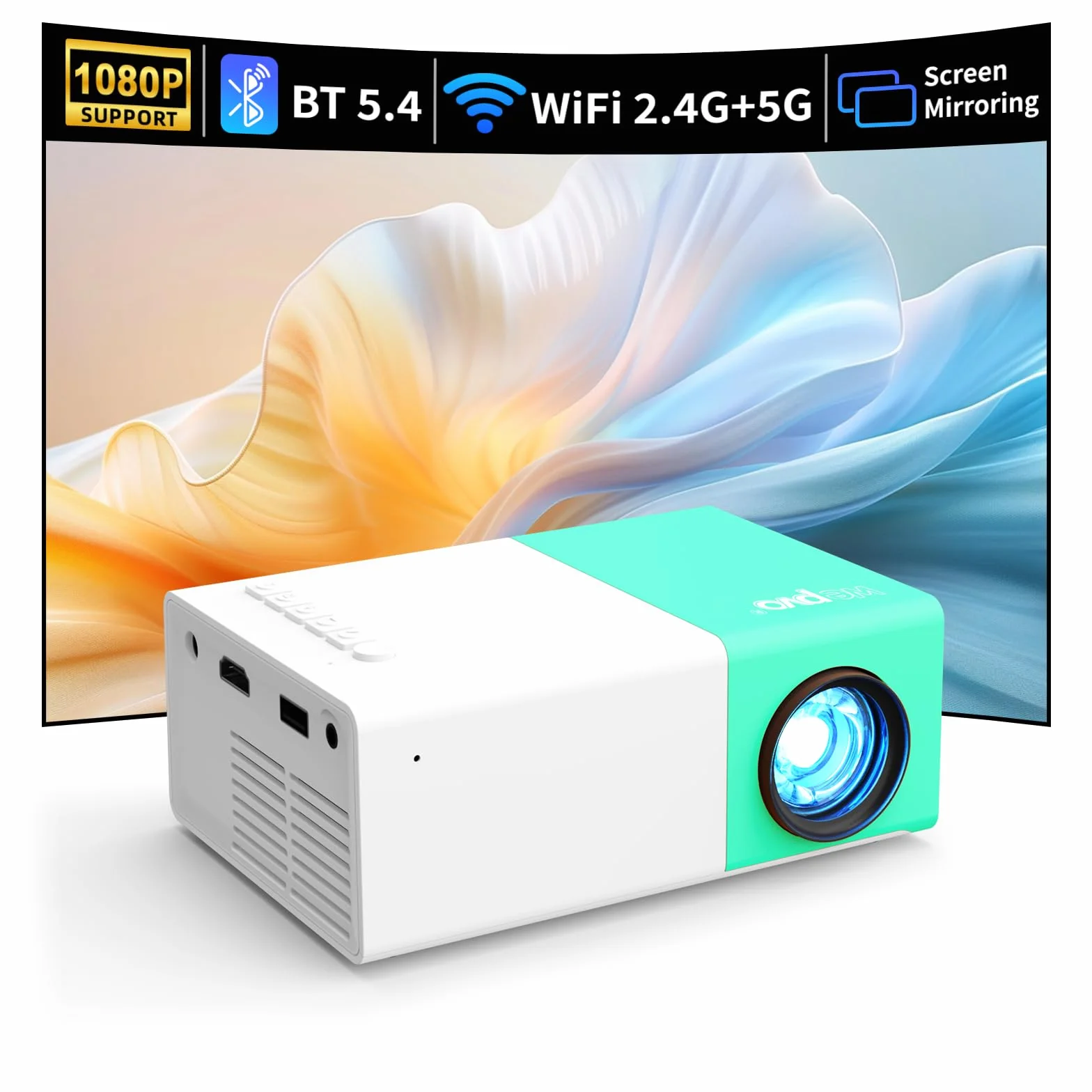 Mini Proiettore Portatile, wepvo WiFi Proiettore, Schermo del Telefono può Essere Specchiato al videoproiettori in Modalità WiFi, Proiettor LED per Home Theater con Interfacce USB HDMI (YG300Plus)