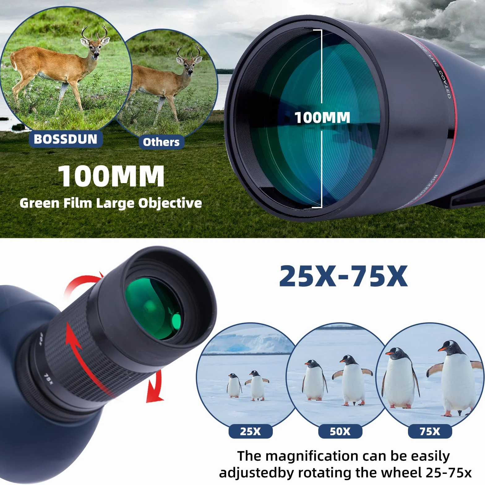 Cannocchiale 25-75x100 con Treppiede, Adattatore per Telefono e Borsa per il Trasporto, BAK4 Cannocchiale Professionale per Caccia, Tiro a Segno, Birdwatchingr il trasporto, per il tiro al bersaglio