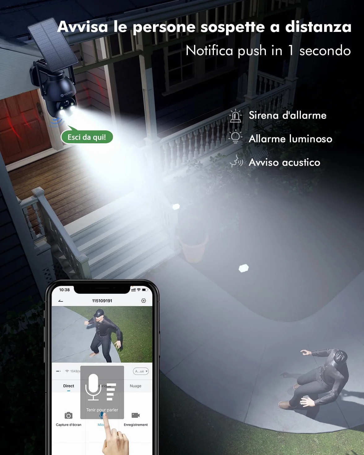 YESYAMO 2K Telecamera WiFi Esterno Senza Fili Pannello Solare, Videocamera Sorveglianza a Batteria 360° PTZ Visione Notturna Colori Audio Bidirezionale IP66