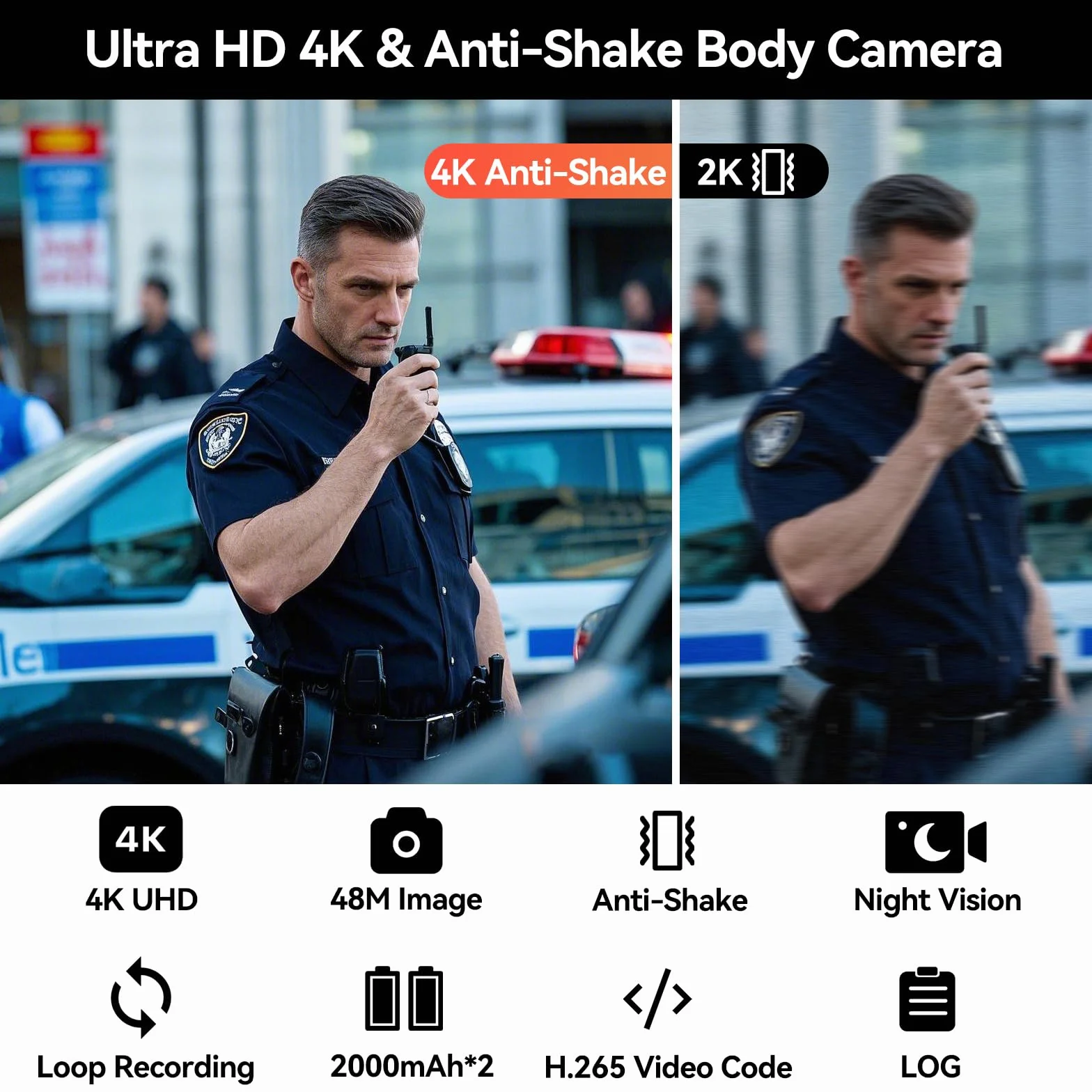CAMMHD W8-128GB 4K Anti Shake Body Cam 2 batterie 4000mAh con 10 ore di registrazione video, crittografia dati Ultra HD Night Vision Bodycam con dock di ricarica per polizia/sicurezza/escursionismo