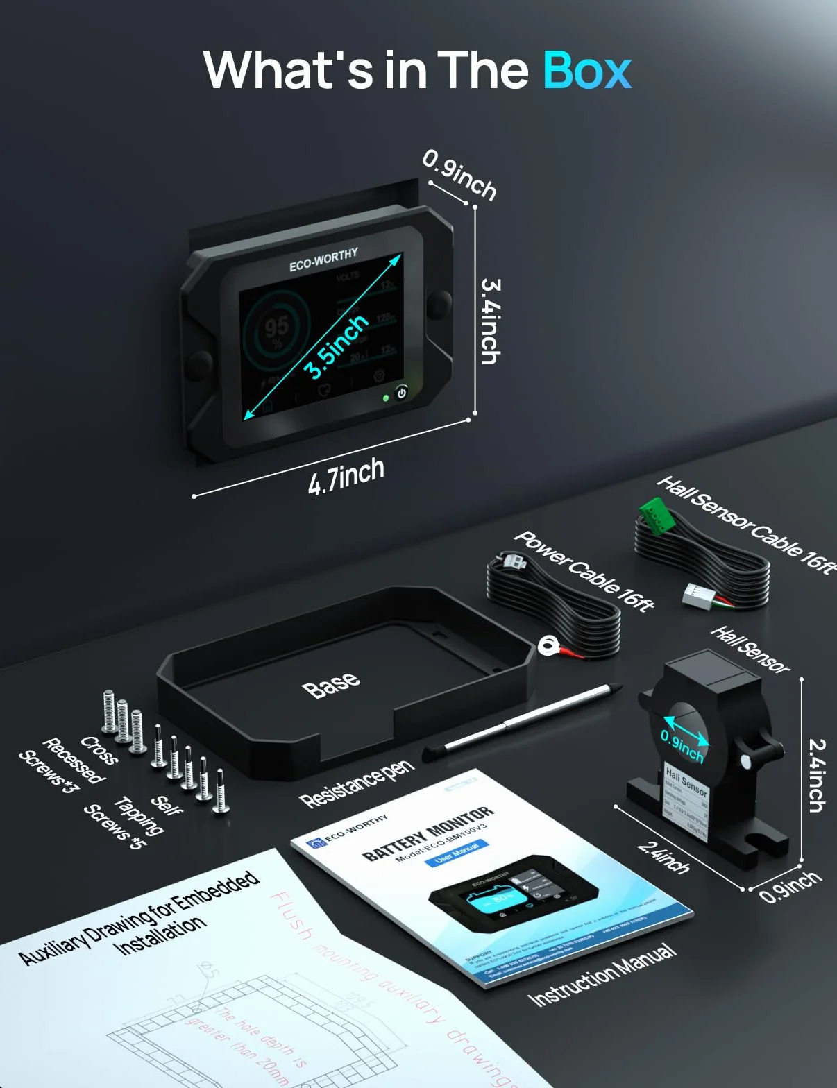 ECO-WORTHY Monitor della batteria 300 A 12V/24V/36V/48V display touchable allarme 9-80V LiFePO4 gel camper impianti solari