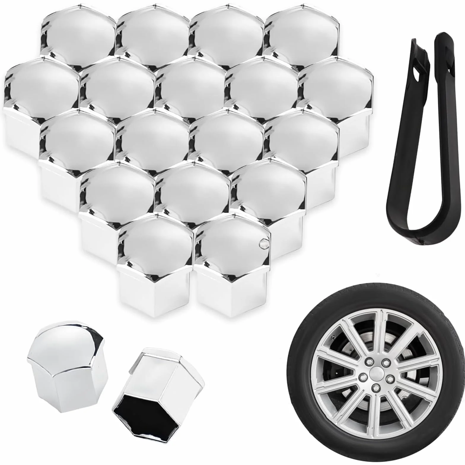 20 Pezzi Copri Bulloni 19mm Argento per Ruote Auto, Kit Universale Tappi Dadi Esagonali con Strumento di Rimozione, Protezione e Decorazione per Cerchi in Lega, Finitura Cromata Lucida