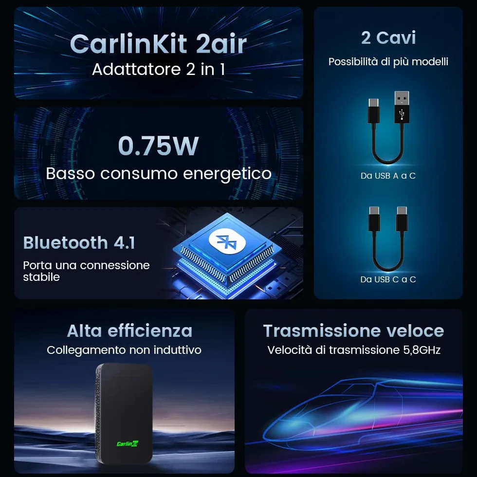 Carlinkit 2026 Nuovo Aggiornamento 5.0 2Air Adattatore, Porta Wireless CarPlay/Android Auto, Plug-and-Play, Connessione Senza Fili
