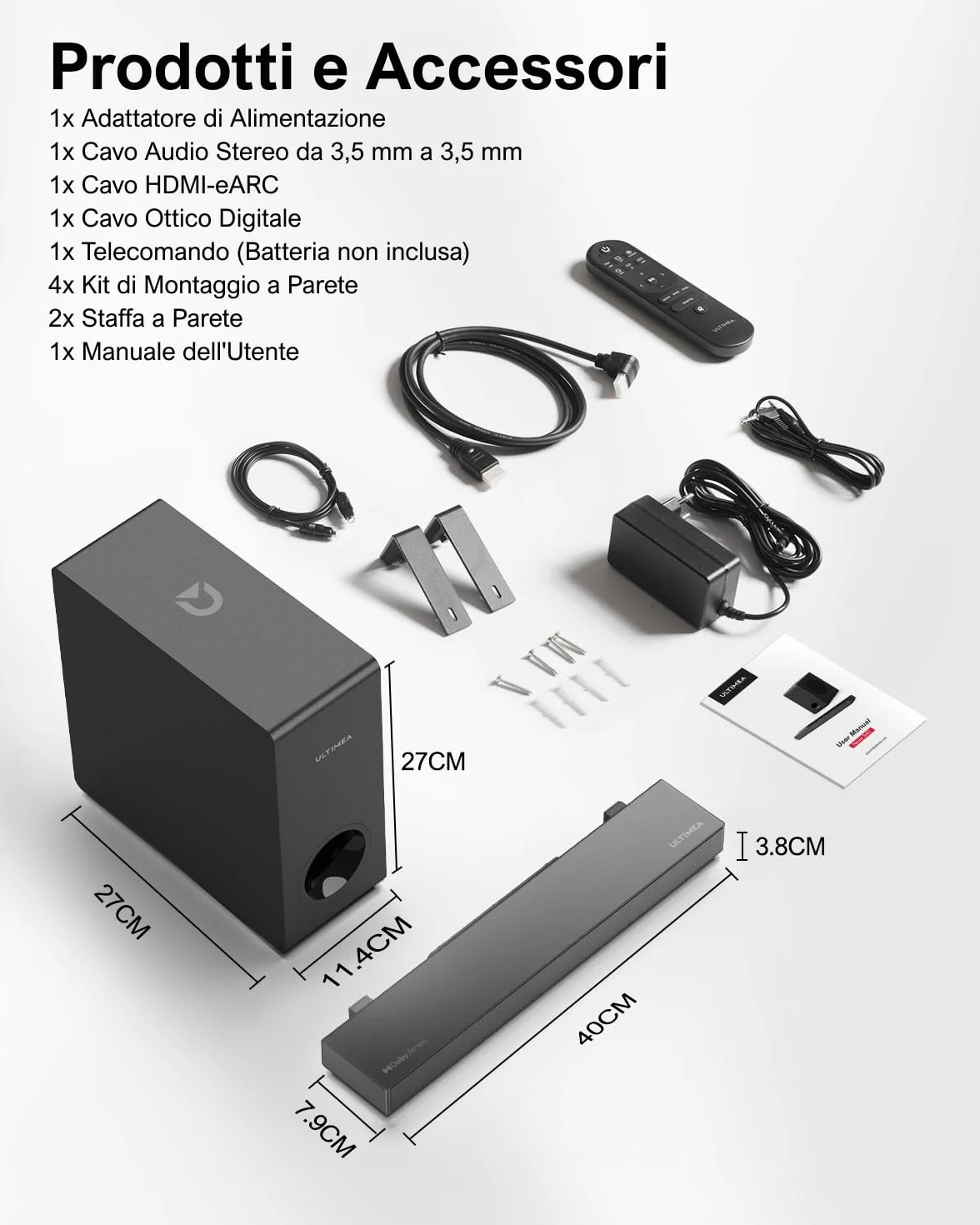 ULTIMEA Soundbar, con Dolby Atmos/Digital/Audio, Sound Bar con Subwoofer, Bassi Profondi Regolabili, Soundbar 3D Dolby Surround TV, Soundbar per TV Home Theater, HDMI-eARC, Bluetooth 5.3, Nova S50