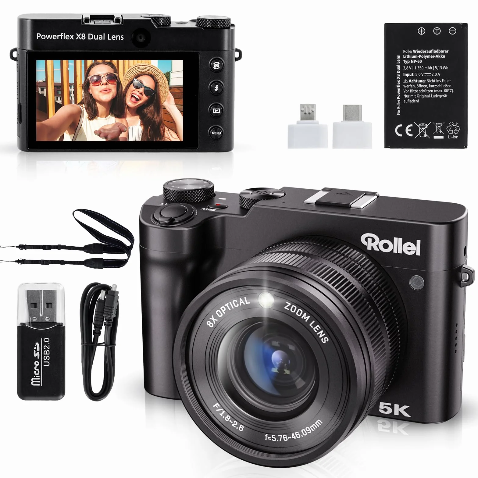 Fotocamera Digitale 5K 64MP Rollei, Powerflex X8 Dual Lens Macchina Fotografica con Zoom 8X e Touchscreen da 3.6" Digital Camera Compatta Dual Obiettivo Nero, Fotocamera-Digitale-Macchina-Fotografica