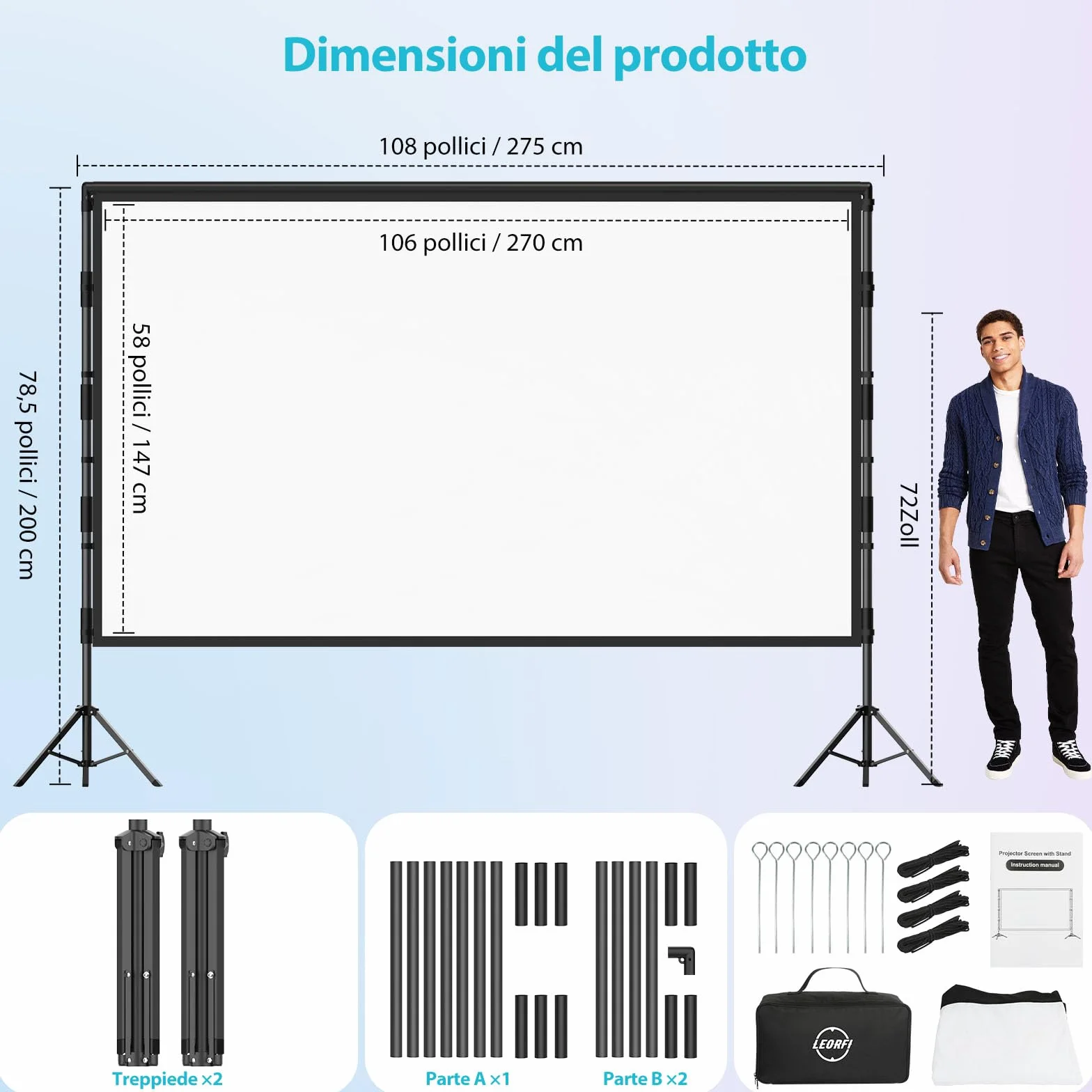 Schermo per Proiettore con Supporto 120 Pollici – LEORFI Schermo Proiezione Portatile Interno Esterno con Retro Nero, 16:9 4K HD, Antipiega, Borsa da Trasporto per Giardino e Home Cinema
