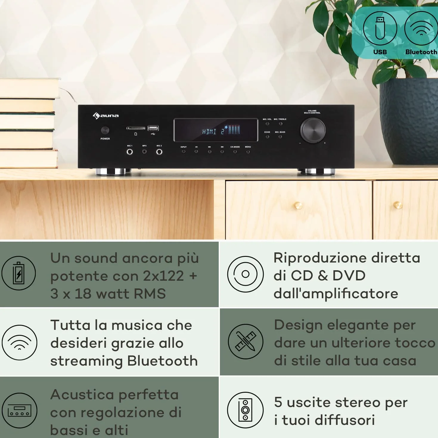 AUNA AMP-H260 5.1 - Amplificatore Receiver Equalizzatore, 2x100 Watt + 3x20 Watt RMS, Bluetooth, Porta USB, Slot SD, Digital-In Ottico & Coassiale, 2 x HDMI-In/1 x HDMI-Out, Nero