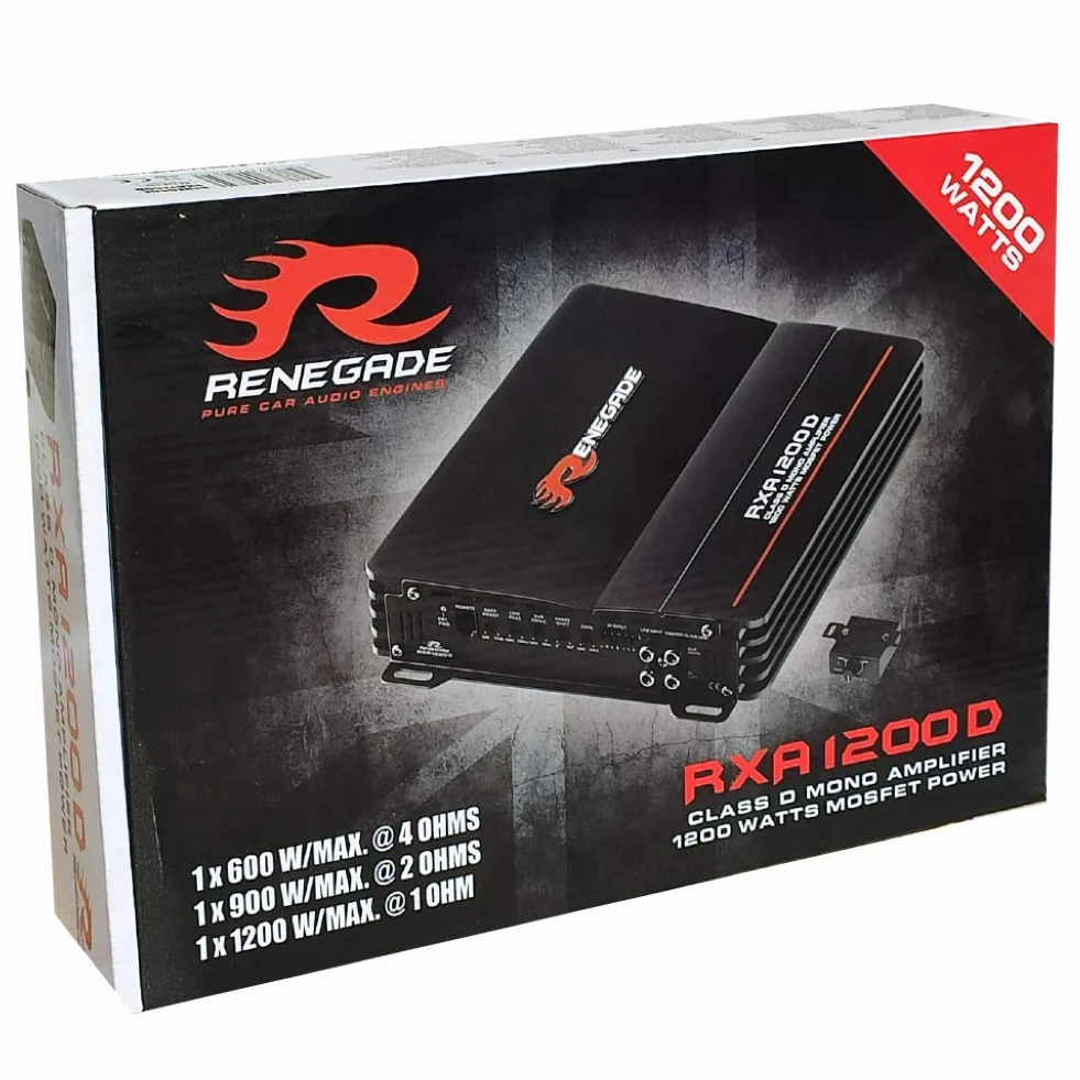 1 amplificatore RENEGADE RXA1200D RXA 1200 D monofonico classe d 1 canale 600 watt rms stabile a 1 ohm 1200 watt max, 1 pezzo + 3 adesivi