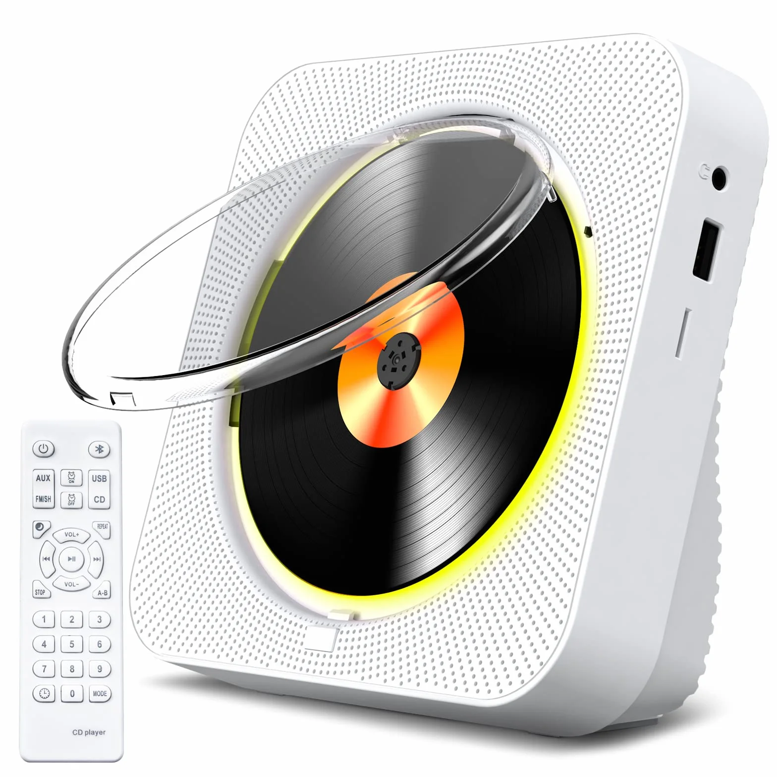 Lettore CD Bluetooth 5.1 Lettore CD da tavolo con 5W Doppi Altoparlanti Luce Telecomando Copertura Della Polvere Display FM Radio Timer Cuffie USB/SD Card/AUX Playback