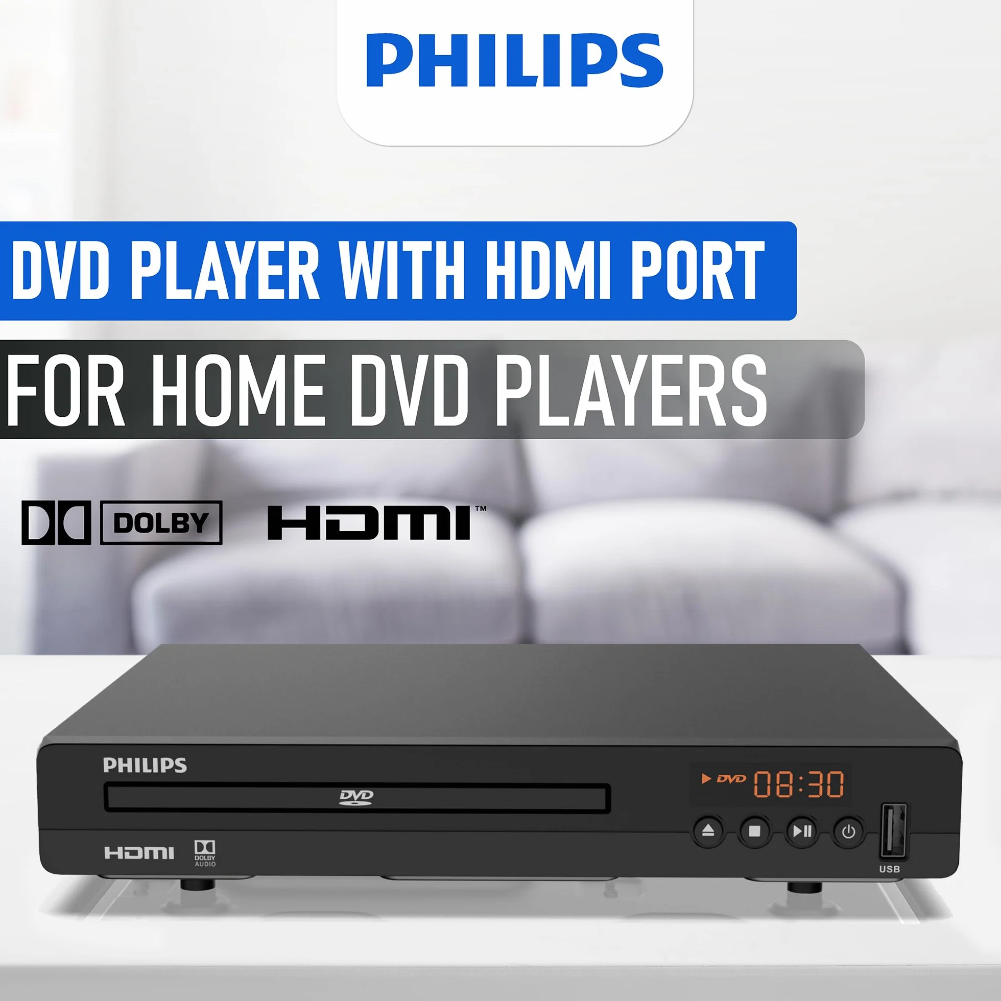 Philips Lettori DVD per TV con porta HDMI 1080P All Region HD lettore DVD per Smart TV USB Ingresso dispositivo telecomando, Mini DVD CD Player per sistema stereo domestico, cavo HDMI e RCA incluso