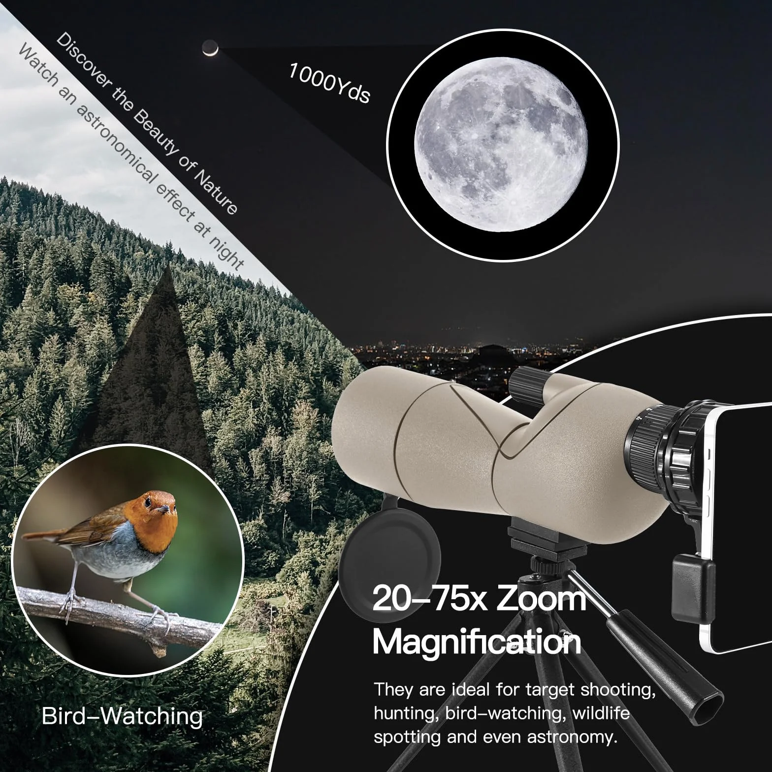 Cannocchiale, cannocchiale da caccia per il tiro al bersaglio, telescopio impermeabile con treppiede con prisma BAK4, adattatore per telefono, borsa per il trasporto (60H)