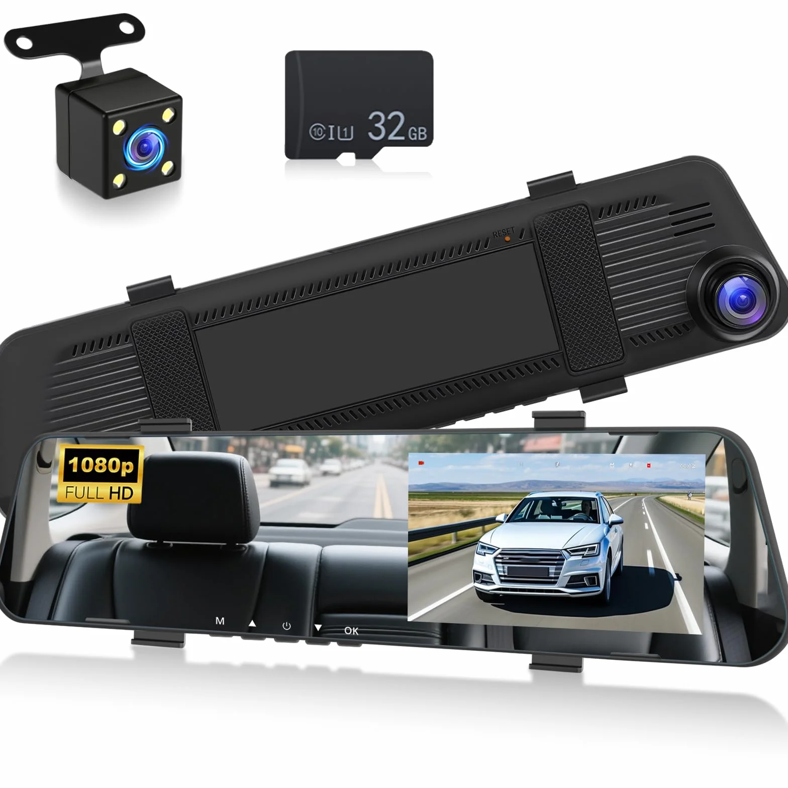 NHOPEEW 1080P Dash Cam con schermo da 4,5 pollici, telecamera anteriore e posteriore, registrazione in loop, linee guida per il parcheggio, visione notturna + scheda da 32 GB