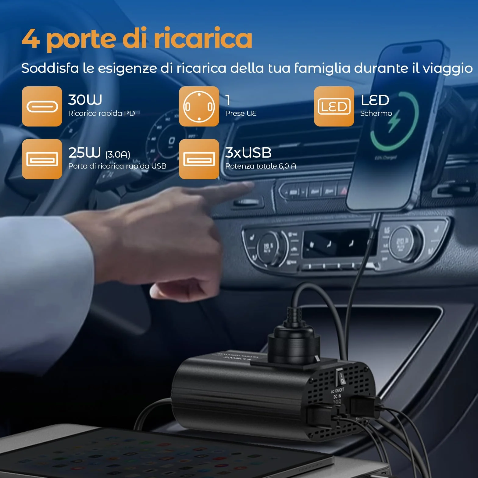 300W inverter 12v 220v, inverter auto con 1 presa, tipo C 30W, ricarica rapida USB 25W, 3 porte USB, display LED