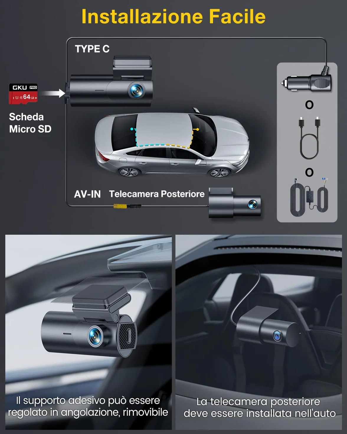 GKU 4K Dash Cam Auto, 5GHz WiFi GPS, Doppia Telecamera, Mini Dashcam IPS 1.5" con Scheda SD 64G, 24H Monitor Parcheggio, Visione Notturna, WDR, Grandangolo 170°, Sensore G, Controllo App