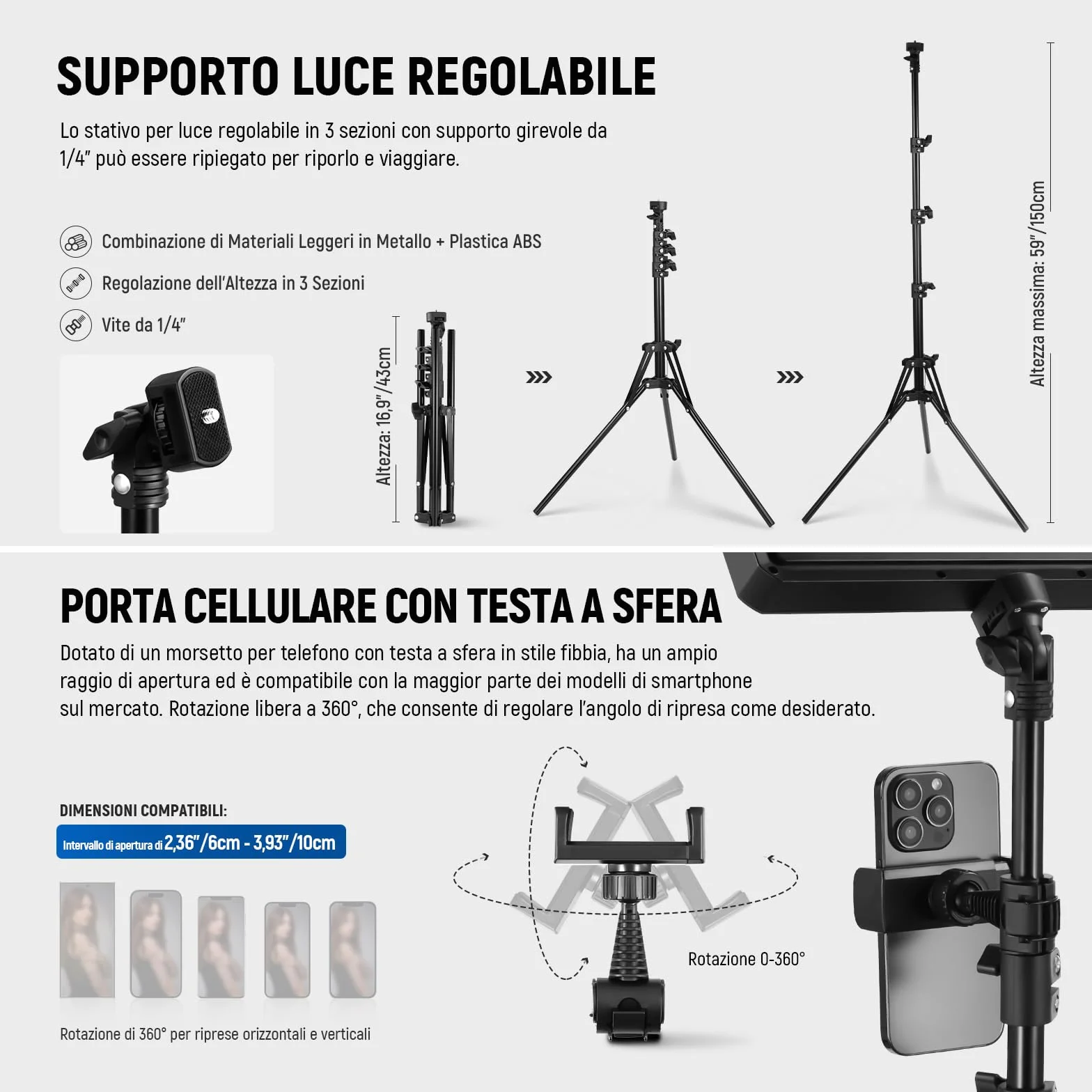 NEEWER Basics 2pz Luci Fotografiche a Pannello LED con Stativi 59''/Porta Telefono, Luce da Studio in Plastica Dimmerabile 2700-6500K 850Lux per Foto Video Film Streaming Live, Senza Adattatore,BP300