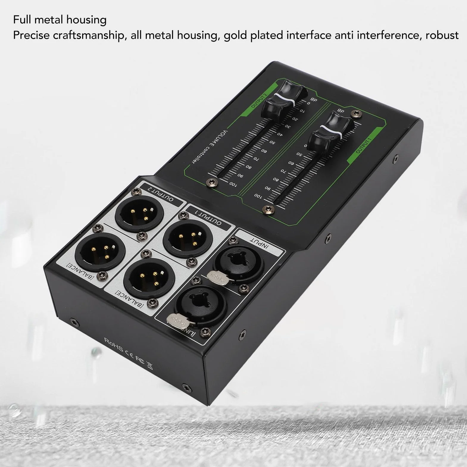 Controller di Volume Passivo Stereo XLR 2 Ingressi 4 Uscite, Fader 70 mm Alta Precisione, Audio HiFi