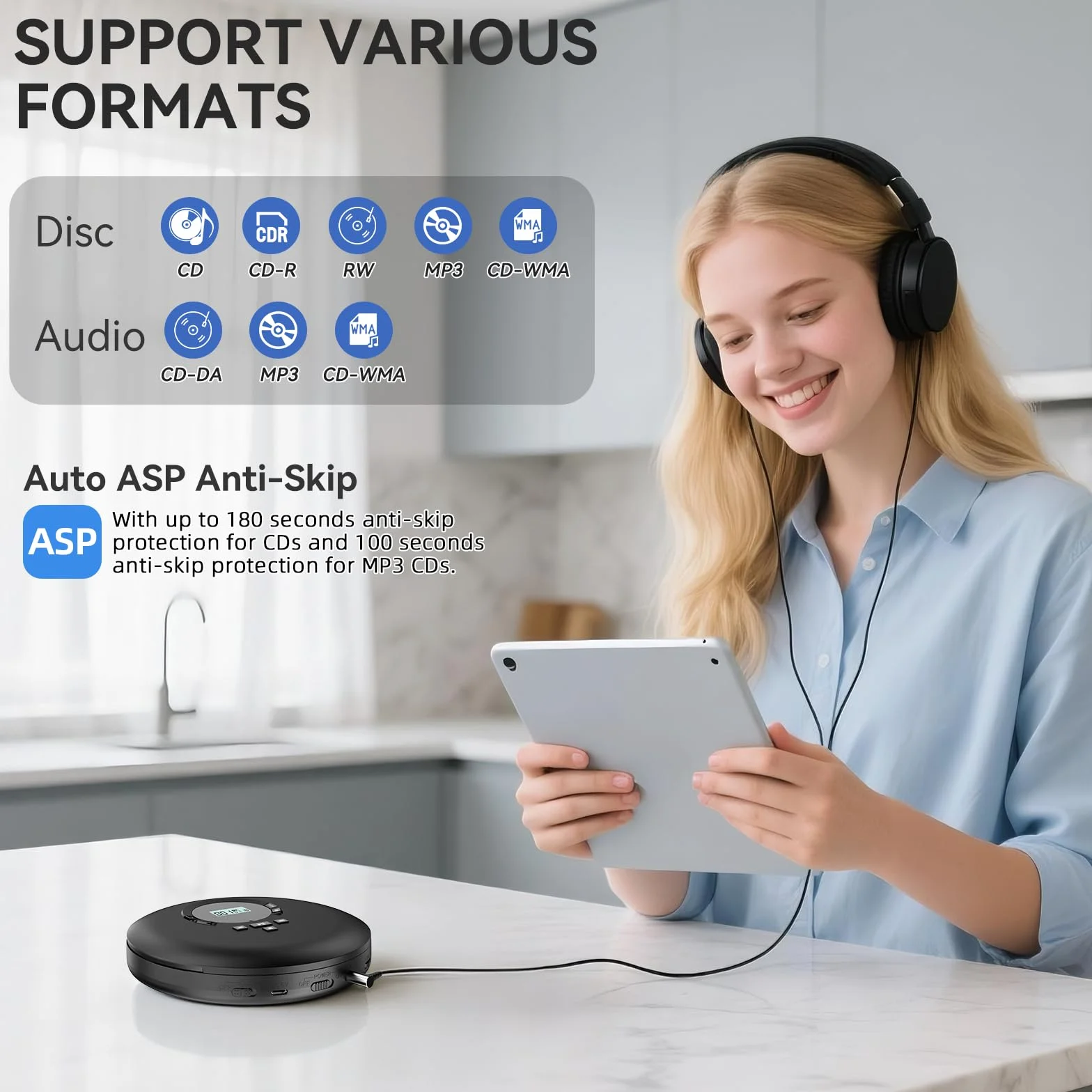 Gueray Lettore CD Portatile Hifi con display stereo cd Lettore CD con cuffie Supporto PROG ASP Funzione di memoria Funzione di ripetizione A-B Effetto BASSO