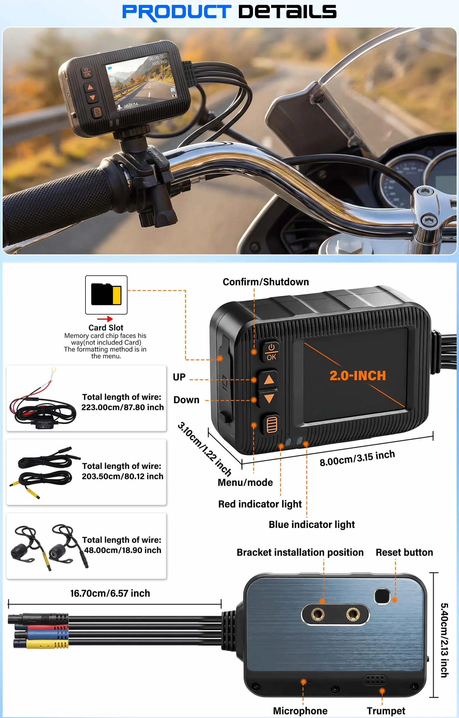 CAMECHO 1080P HDR Dashcam per Moto con Telecamera Anteriore + Posteriore, Sensore G Dash Cam Moto con Registrazione in Ciclo, IP67, Schermo IPS HD da 2 Pollici, Supporto Universale per Moto