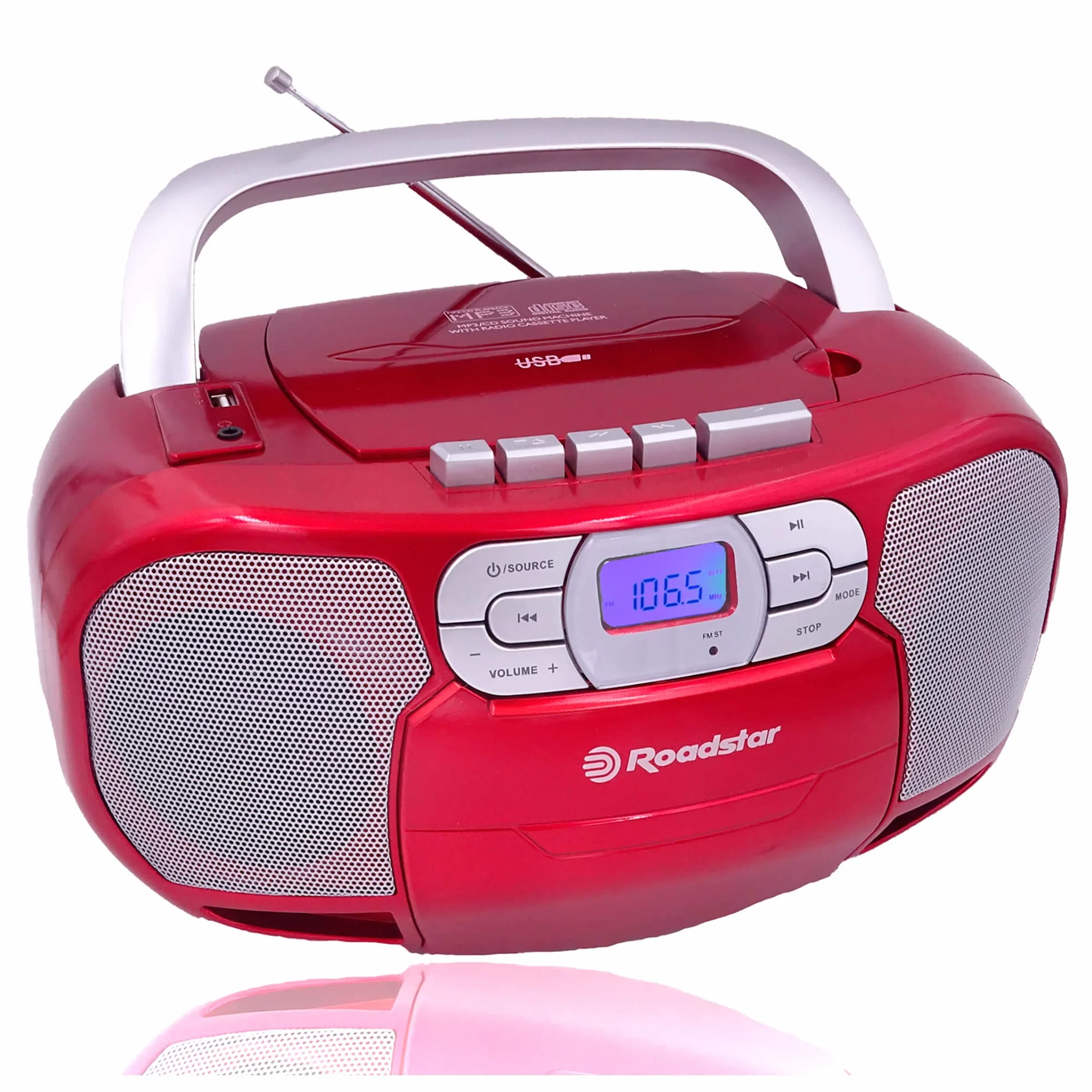Roadstar RCR-4635UMP/RD Radio CD Portatile Cassette, Radio Digitale PLL FM, Boombox Lettore CD-MP3, USB, AUX-IN, Uscita cuffie, Rosso