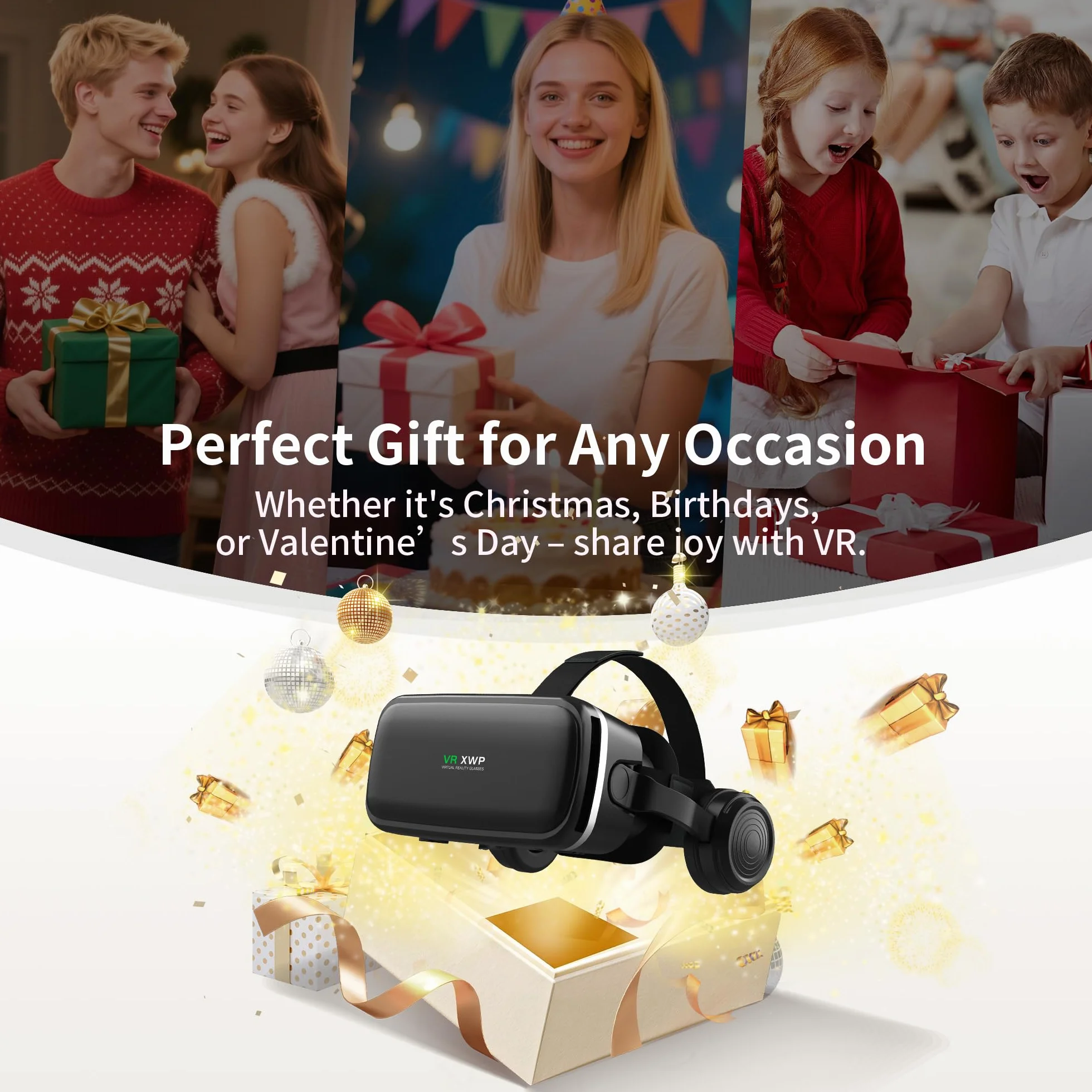 XWP Visore Realtà Virtuale 3D Con Cuffie Per Smartphone, Occhiali VR Con Lenti HD, Compatibile con IPhone&Android 4,7–6,8", Per giochi e film, Festività Per Amici E Famiglia