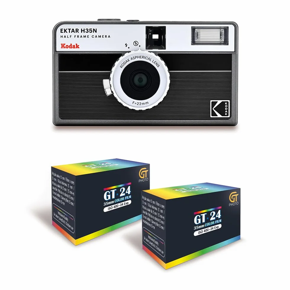 KODAK EKTAR H35N - Videocamera da 35 mm, riutilizzabile, senza messa a fuoco, leggera, facile da usare, nero a righe + 2 pellicole da 35 mm, colore 24 esposizioni
