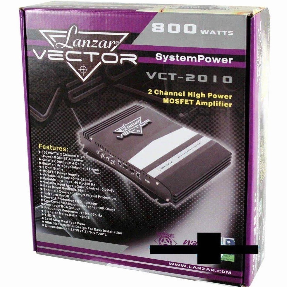 LANZAR VECTOR2010 VECTOR 2010 VCT2010 amplificatore auto a 2 canali 2 ch da 800 watt max 2 x 400 watt max con assorbimento 40 ampere, 1 pezzo