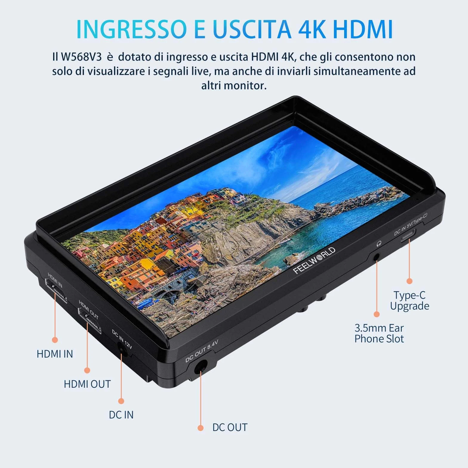 FEELWORLD FW568 V3 Monitor da campo per DSLR da 6 pollici con batteria F550 da 2200 mAh e borsa per il trasporto, forma d'onda LUTs Video Peaking Focus Assist 1920x1080 IPS 4K HDMI Input Output