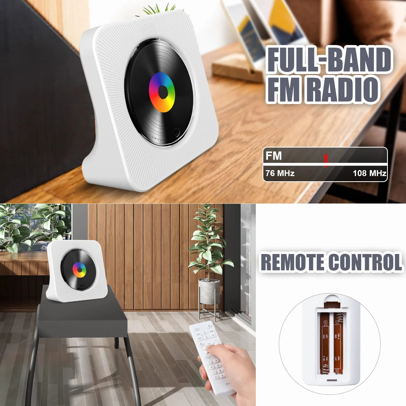Lettore CD Desktop Bluetooth Gueray Montabile a Parete Altoparlanti HiFi Display LED Radio FM USB MP3 Tipo C (Bianco)