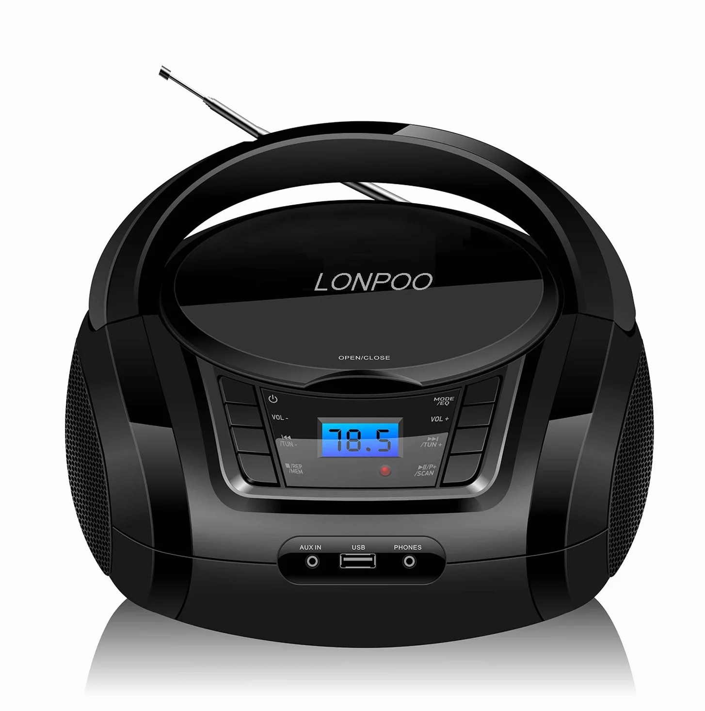 LONPOO Stereo Lettore CD portatile Bluetooth Boombox Connettività Radio FM, USB, AUX, Uscita cuffie, HiFi Altoparlanti (LP-D03BLACK)