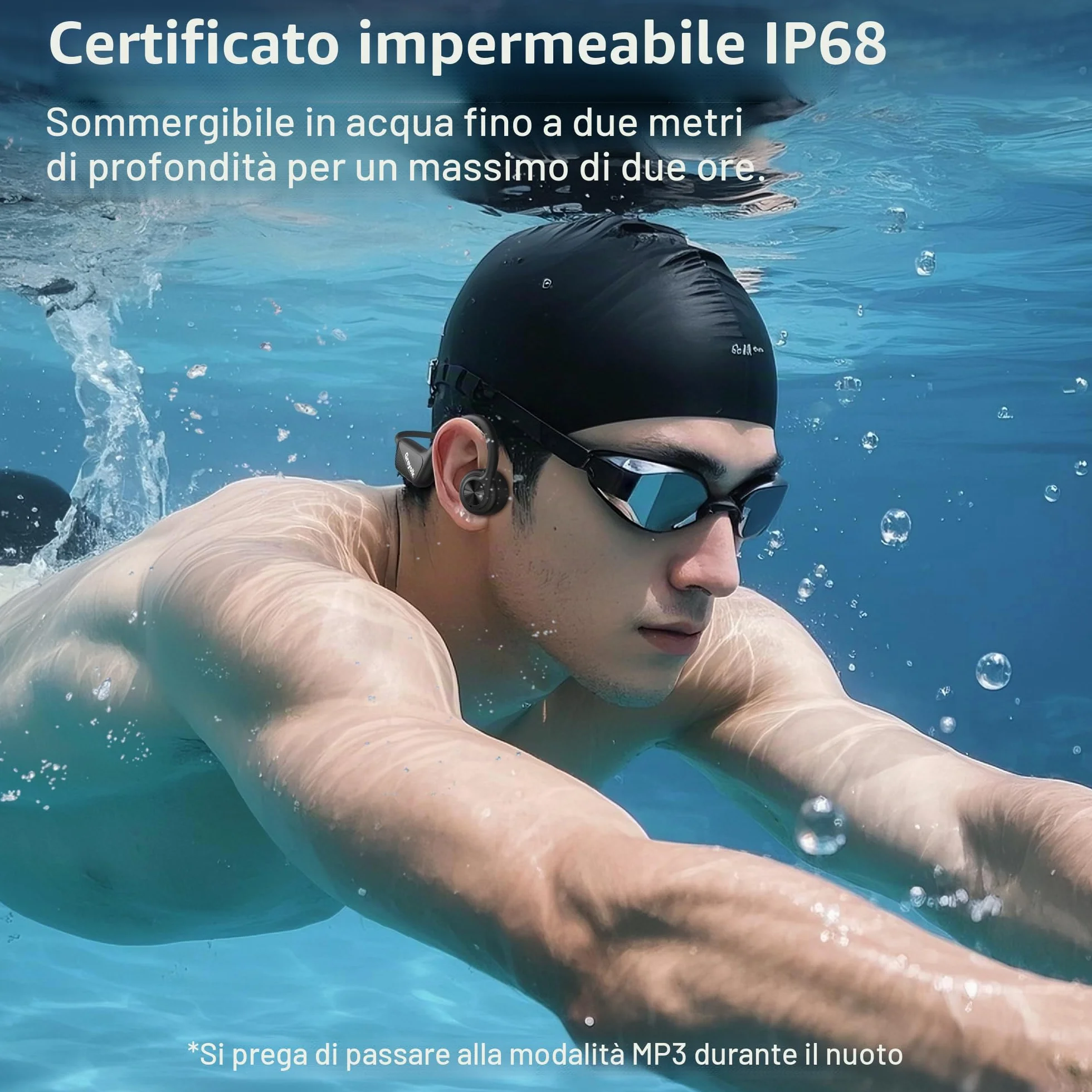 Cuffie Conduzione Ossea, IP68 Impermeabili per Nuoto, Bluetooth 5.3 Open-ear Cuffie per Corsa Ciclismo Guida Fitness