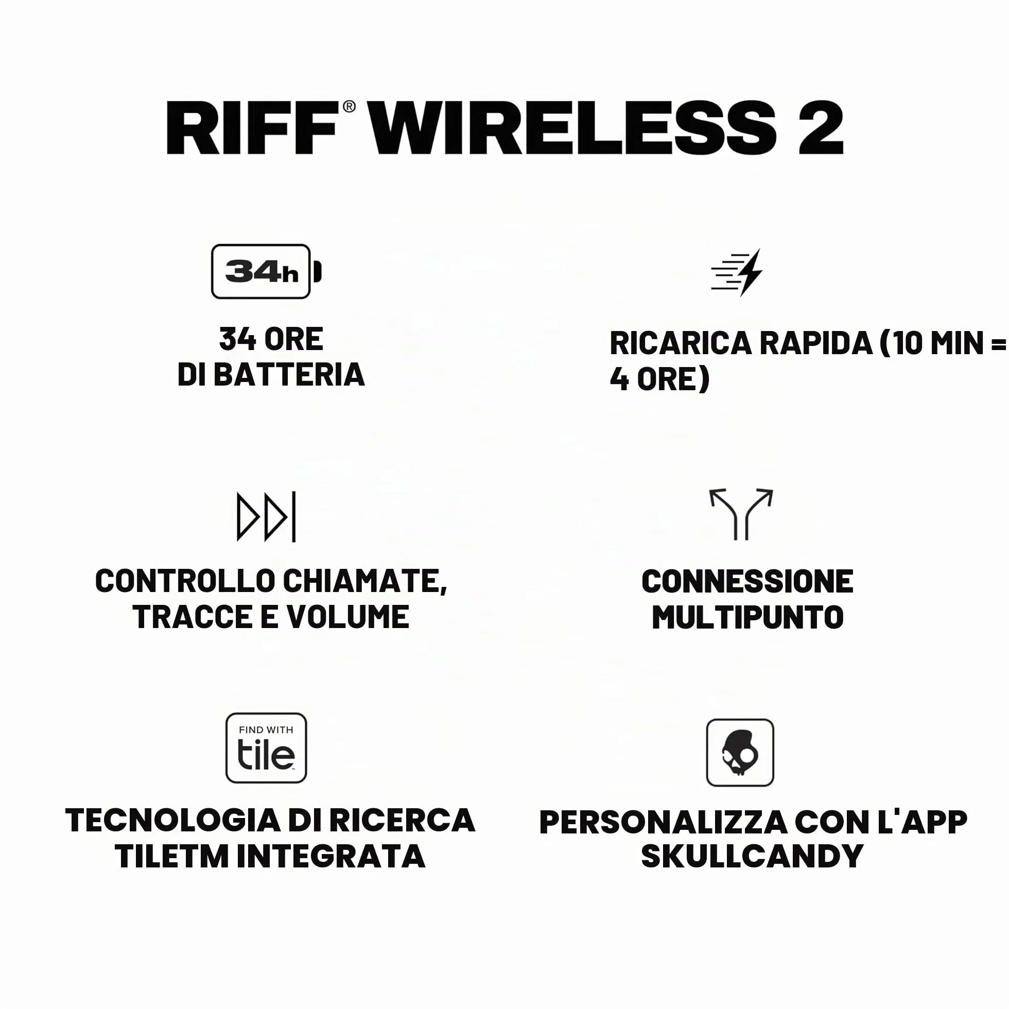 Skullcandy Riff 2 Cuffie Wireless On-Ear con Microfono, 34 Ore di Autonomia, Compatibili con iPhone, Android e Dispositivi Bluetooth - Nero