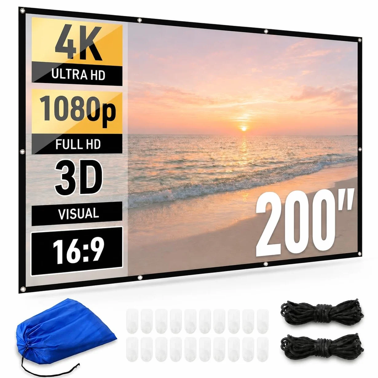 Japard Schermo proiettore da 200 pollici per interni ed esterni, 4K Full HD 3D 16:9, proiezione su entrambi i lati, pieghevole, portatile, montaggio a parete, sospensione, extra grande, per film in