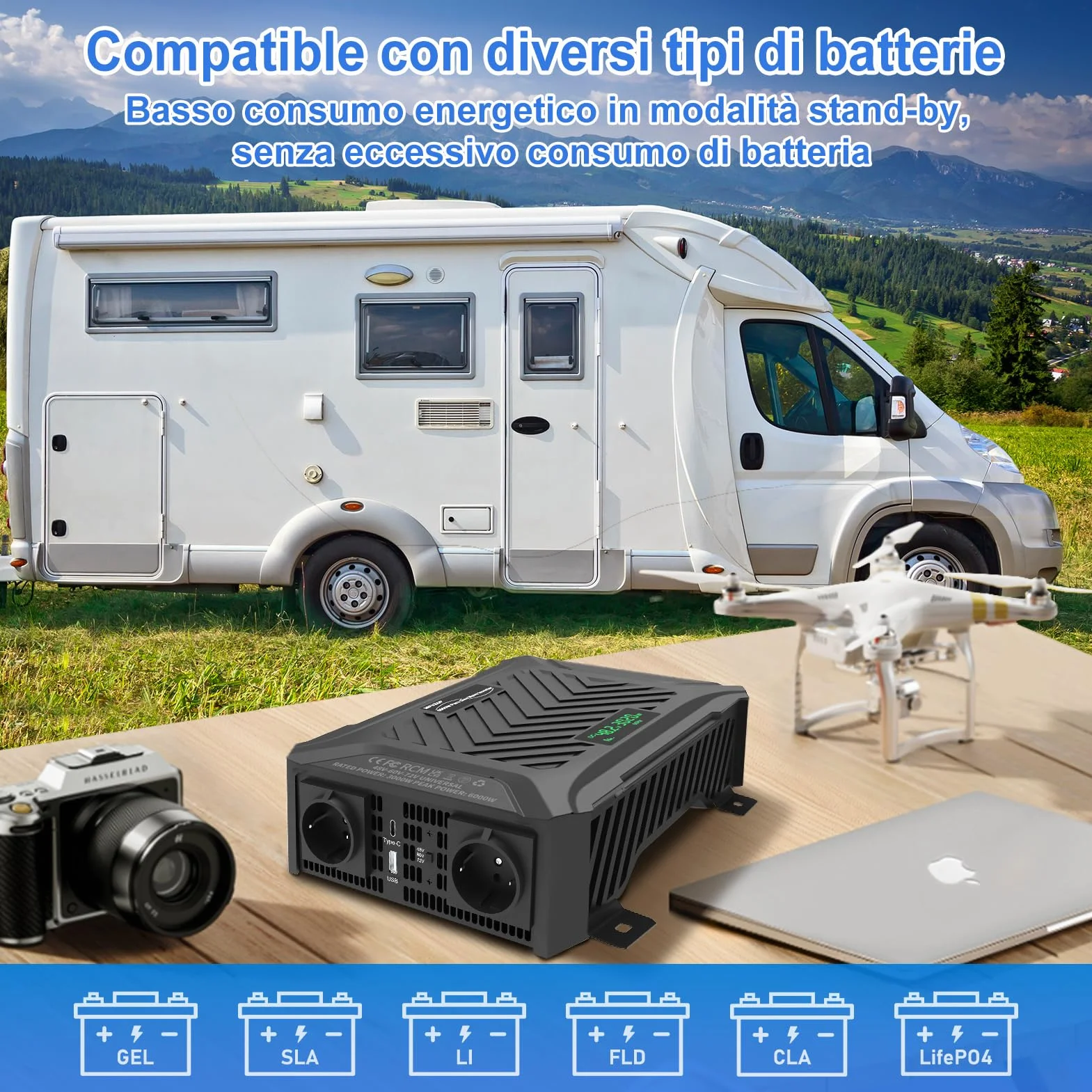 Power Inverter 48V/60V/72V a 230V Onda Pura 3000w/6000w, Convertitore di Tensione con Sistema di Rilevamento Intelligente, Ingresso Regolabile, Display LCD, 2 AC, 1 Type-C, 1 USB 5V 2.1A