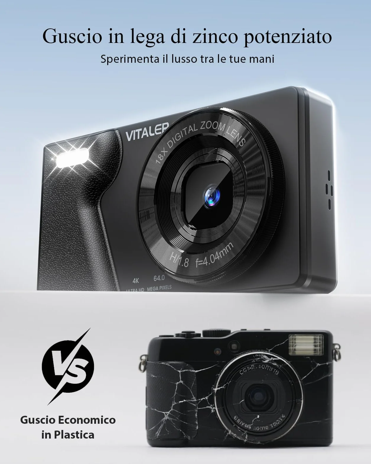 Macchina Fotografica Digitale 64MP 4K con Doppio Obiettivo,Batteria da 2000 mAh,Scocca in Lega di Zinco,Schermo LCD da 2,8",Zoom Digitale 18x per Principianti(Nero,NESSUNA SCHEDA SD)