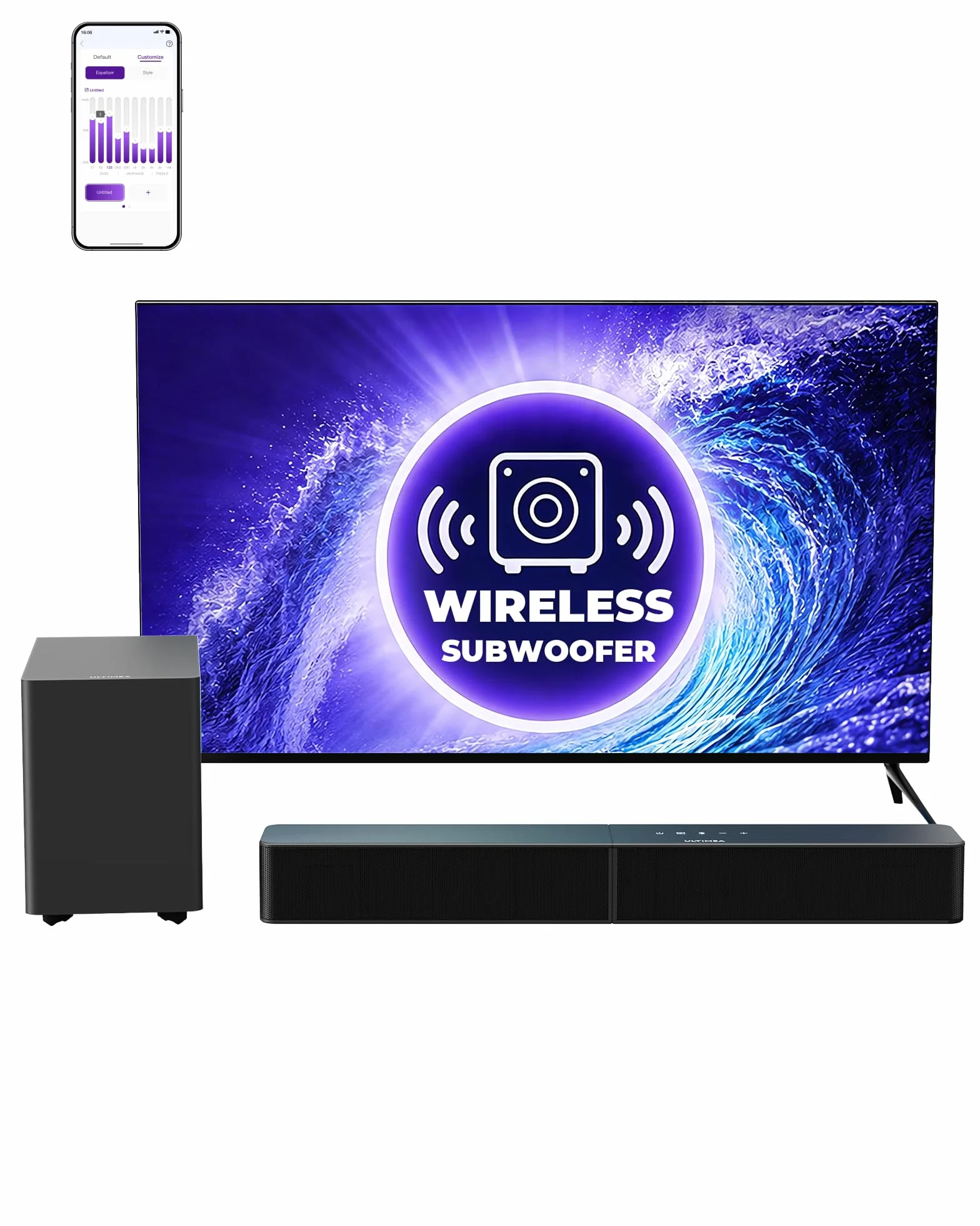 ULTIMEA Soundbar con Subwoofer Wireless, 240W Potenza di Picco, VoiceMX e BassMX, App Controllo, 2.1 canali Sound Bar per Smart TV, Bassi Regolabili, HDMI, Ottico, Bluetooth 6.0, Poseidon M30