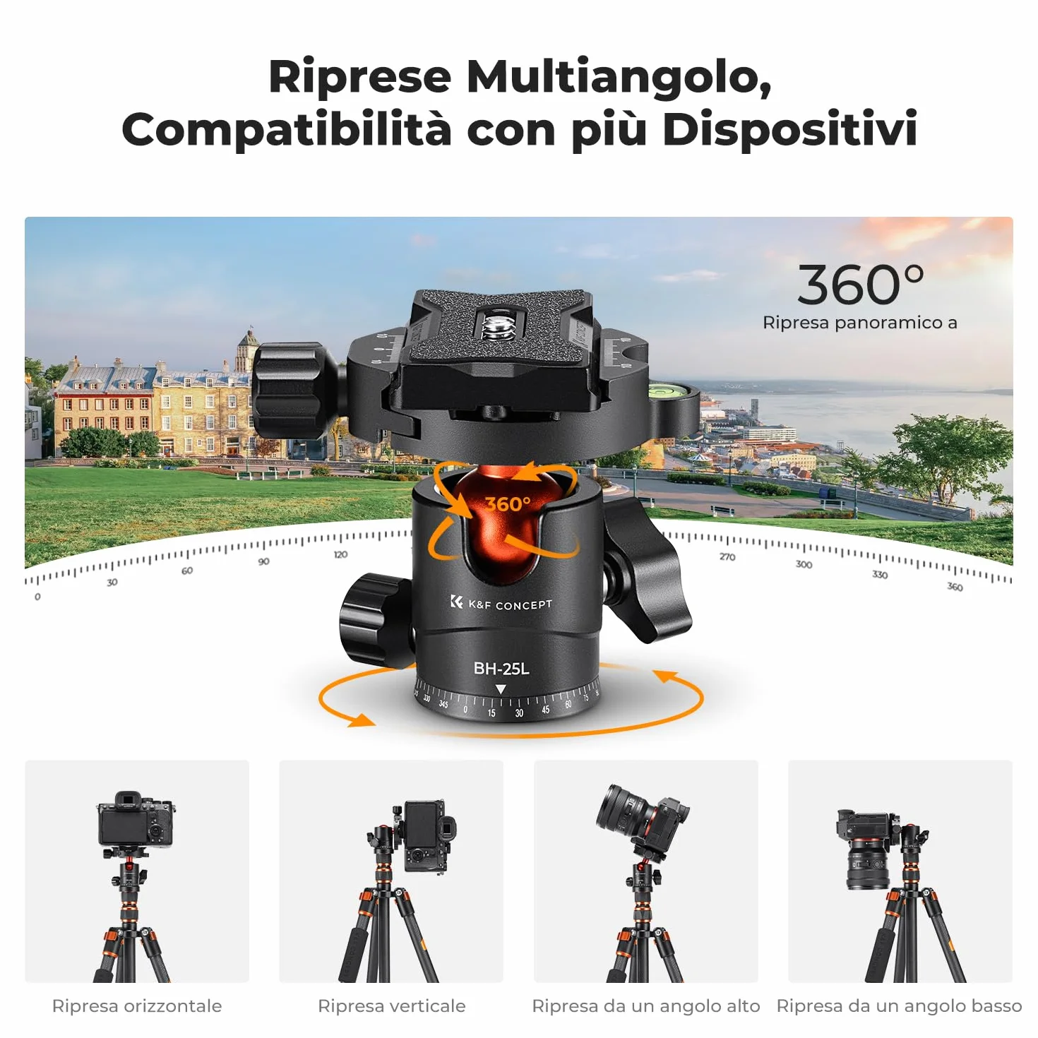 K&F CONCEPT Treppiede Fotocamera 154cm, Treppiede in Carbonio C225C0+BH-25, Tripod Camera Compatto con Monopiede e Testa a Sfera a 360°, Carico Max 8kg, Cavalletto Fotografico per DSLR/Sony/Canon,ecc.