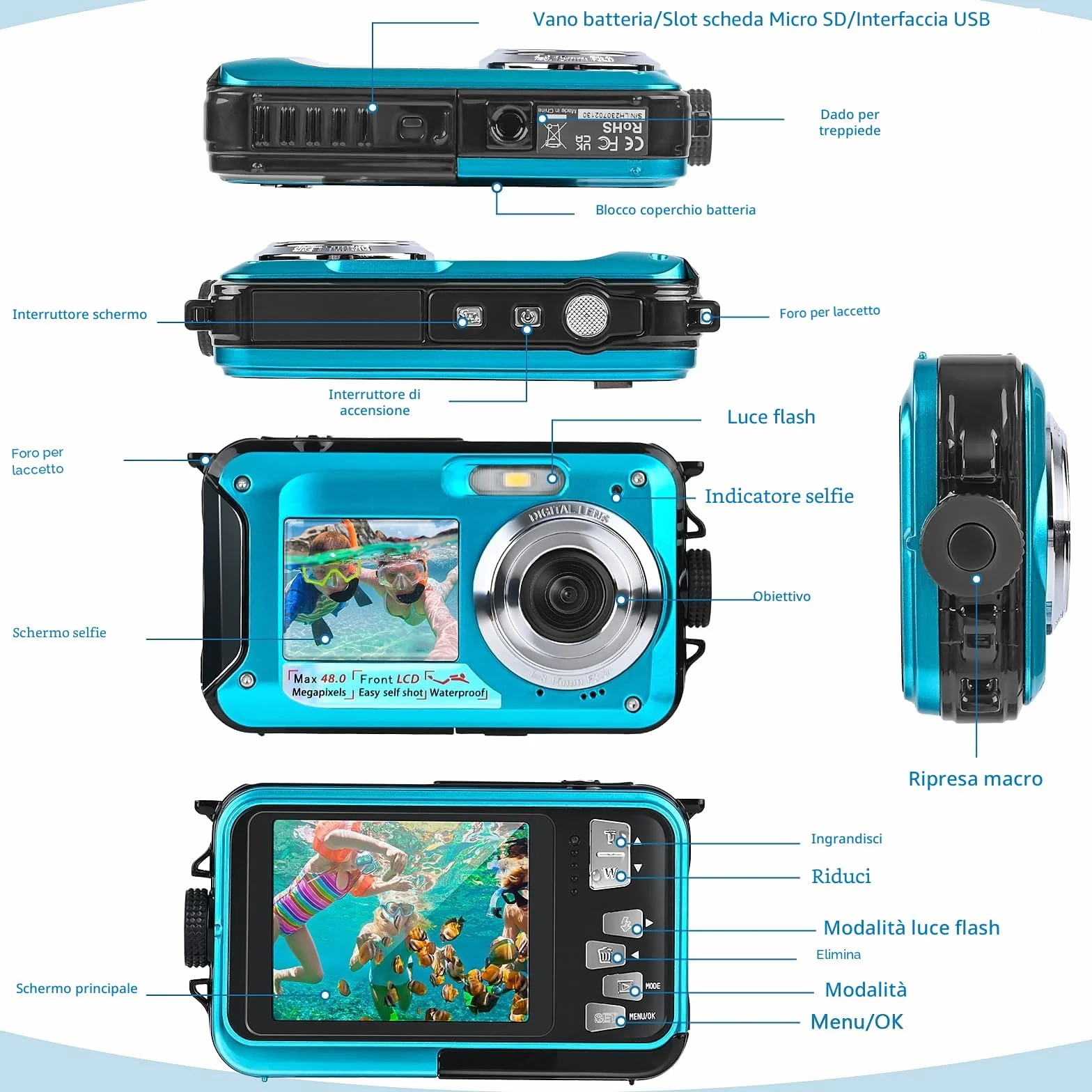 Macchina Fotografica Subcquea, Comius Sharp Fotocamera Subacquea Digitale 10FT 30MP Photo FHD Video 16X Digital Zoom con Scheda di Memoria da 32G per Selfie Subacquei, Nuoto, Immersione